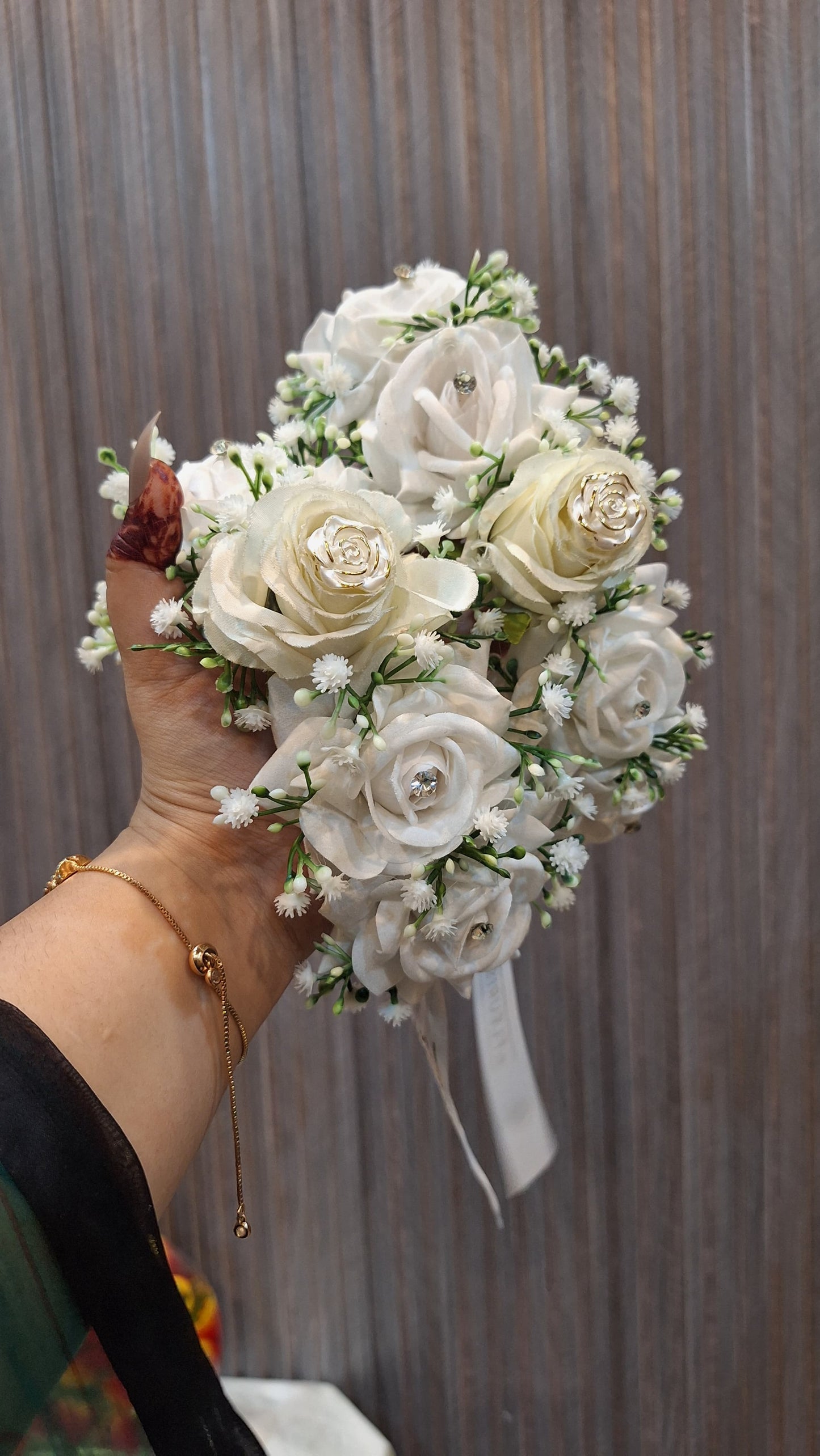 Elegant Ivory Rose & Baby’s Breath Bridal Hand Bouquet