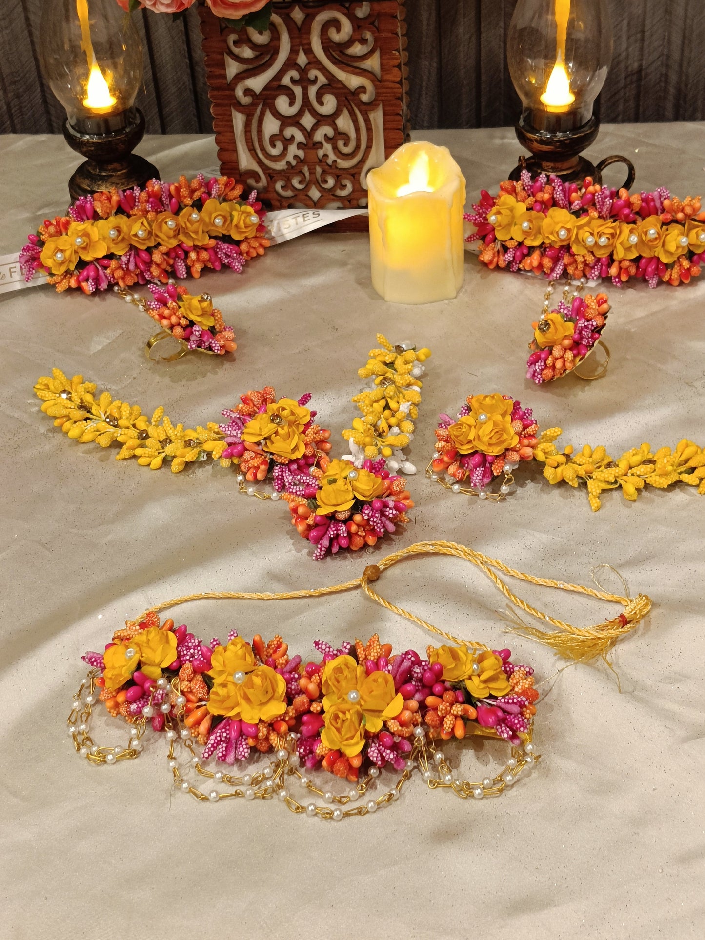 Handcrafted Yellow and Pink Floral Jewelry Set with Pearl Accents