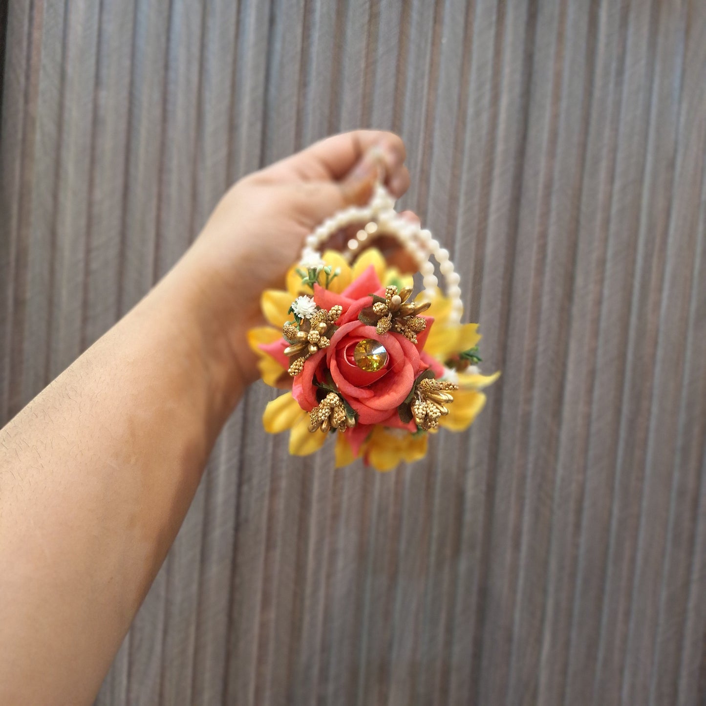 Handmade Floral Gajara with Peach Rose and Gold Accents