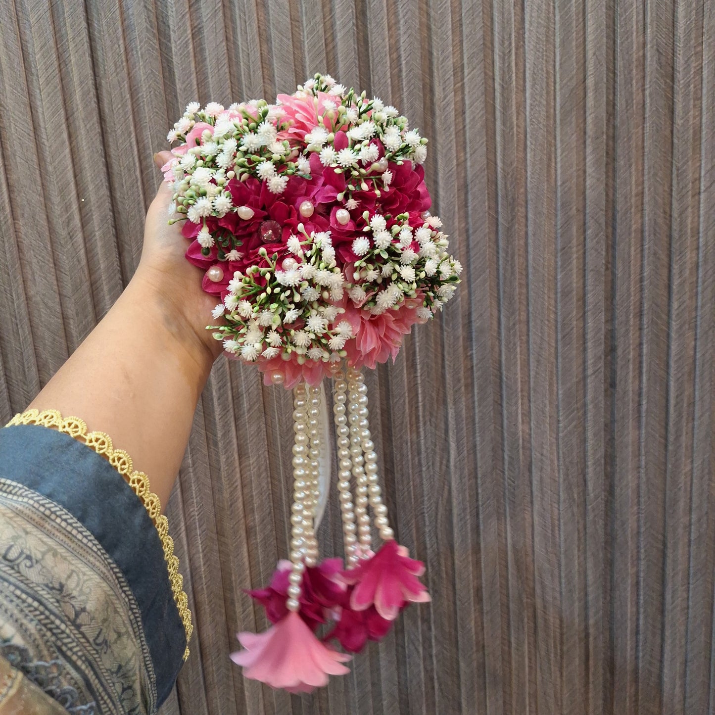 Pink & Magenta Floral Gajara with Pearl Hangings