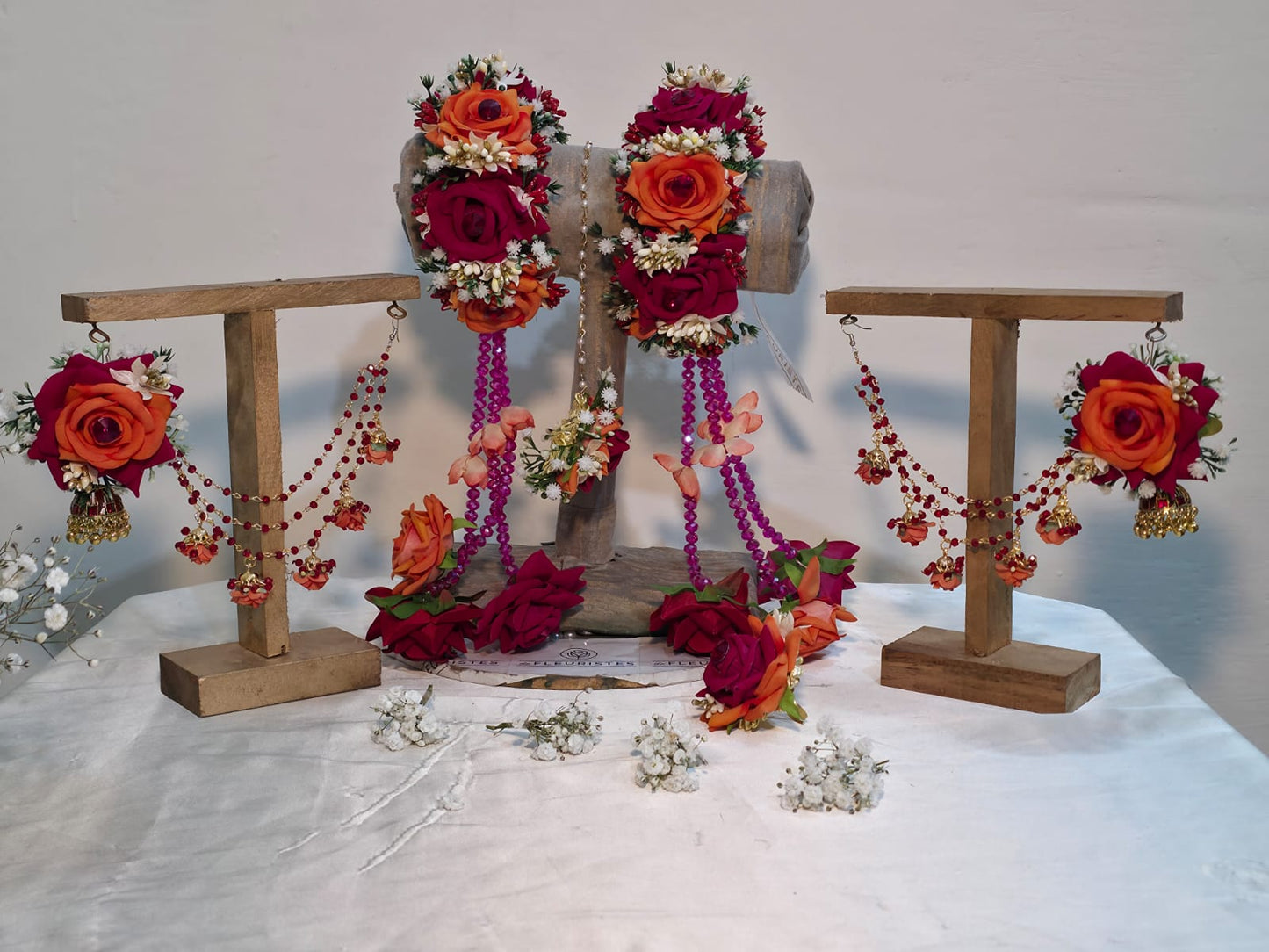 Vibrant Orange & Magenta Floral Jewellery Set with Heavy Gajray