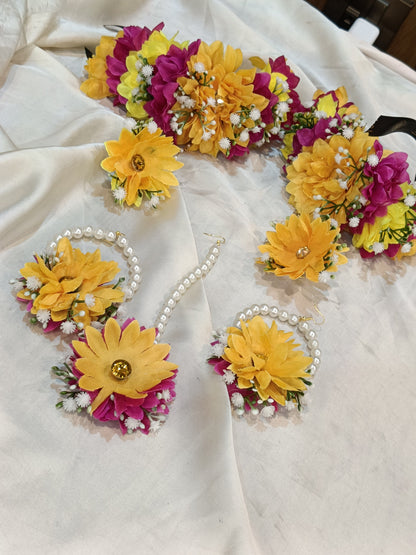 Vibrant Yellow & Magenta Floral Jewelry Set with Pearl Accents