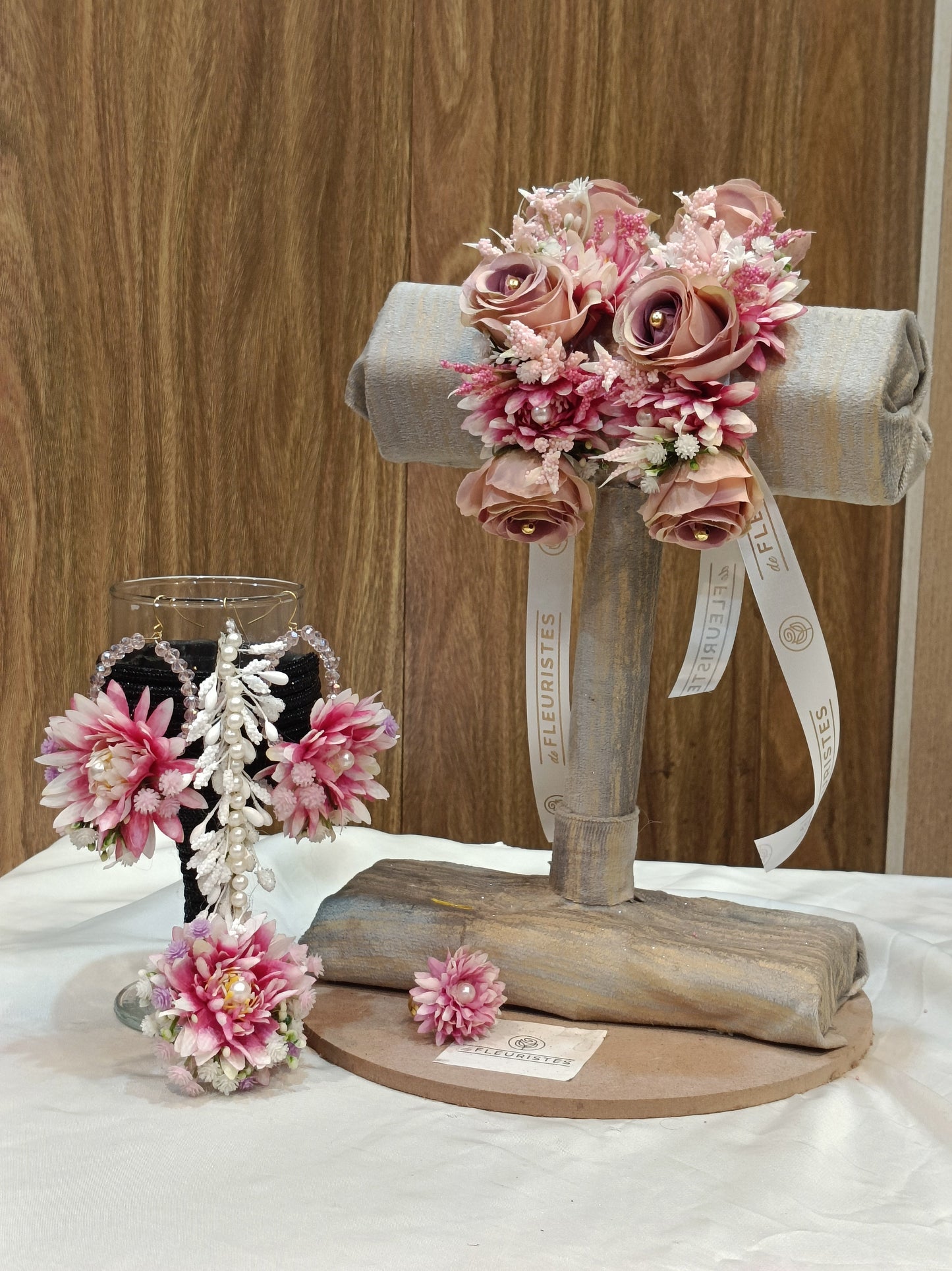 Blushing Pink Floral Jewelry Set with Pearls & Ribbons