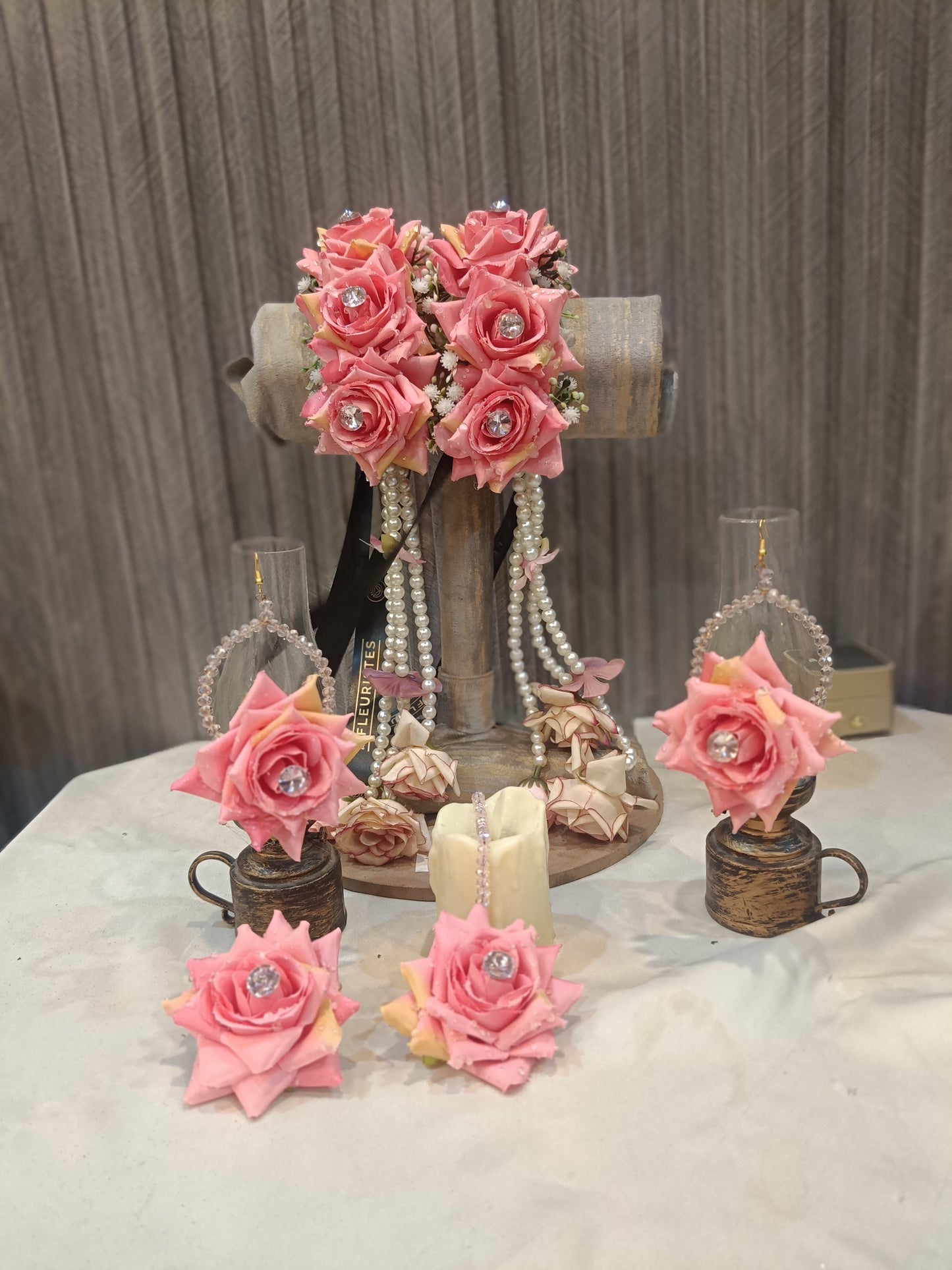 Blushing Pink Rose Floral Jewelry Set with Pearl Accents