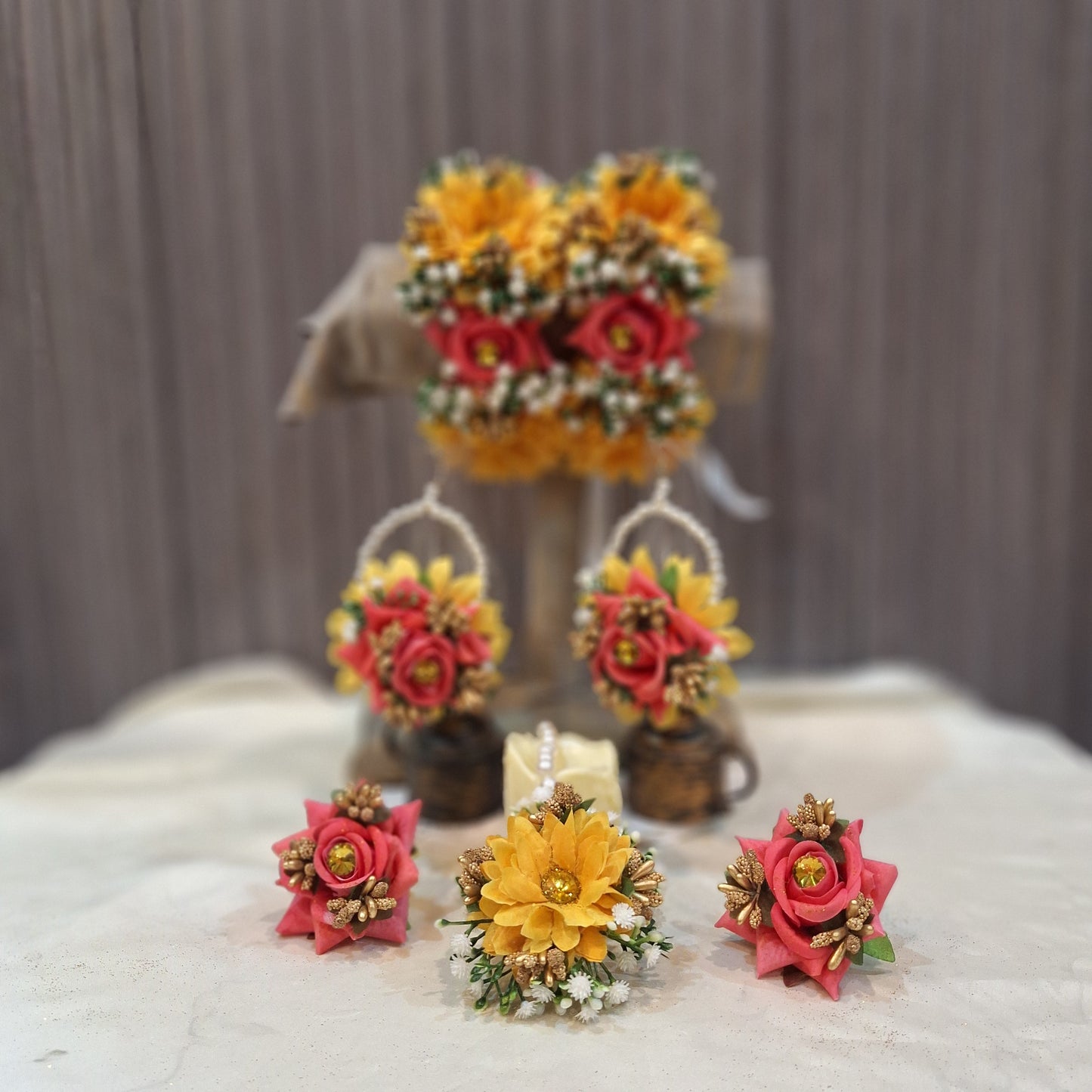 Handcrafted Yellow and Peach Floral Jewelry Set with Pearl Accents