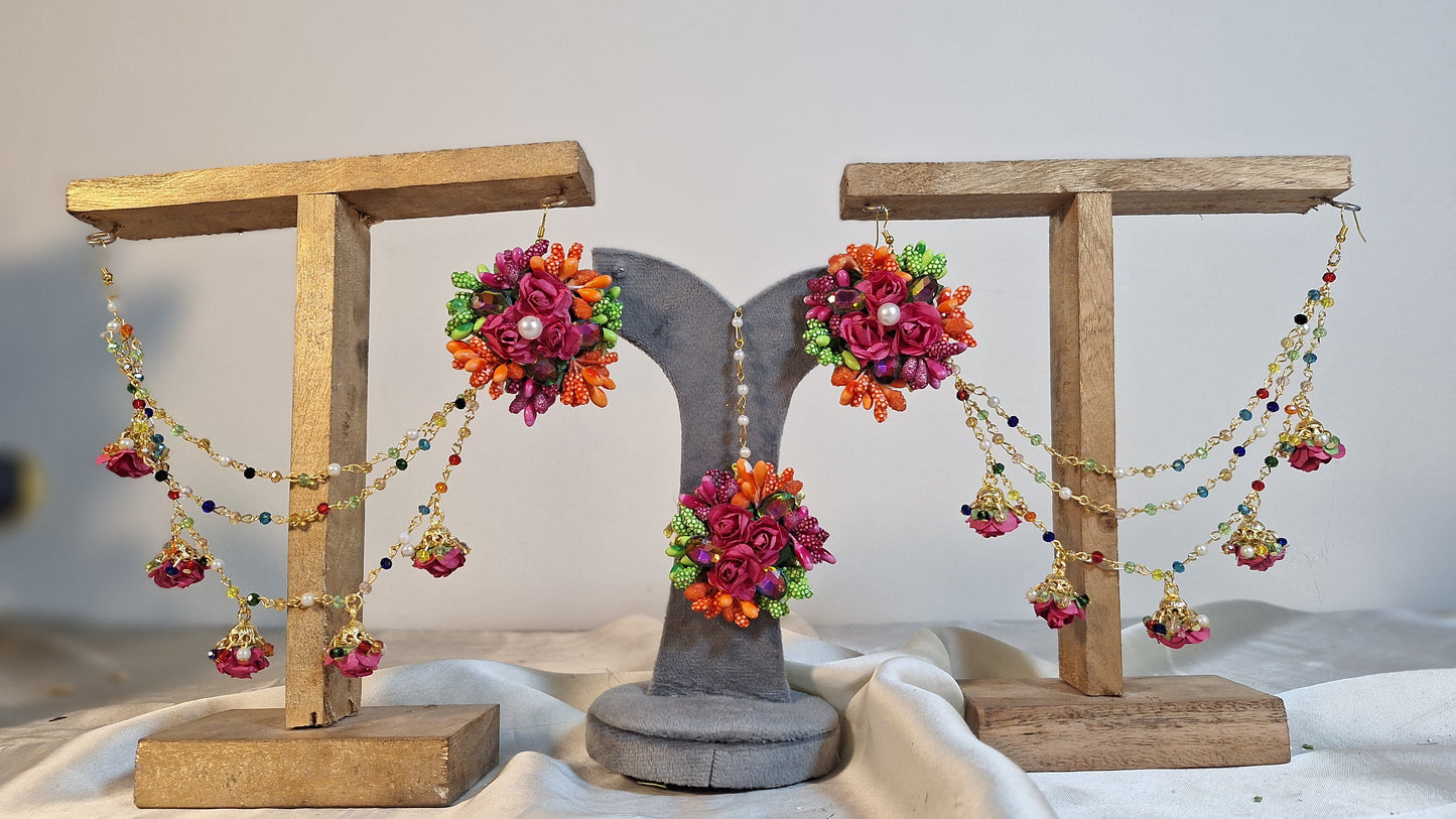 Multicolor Floral Jewelry Set with Jhumka Saharas and Maang Tikka