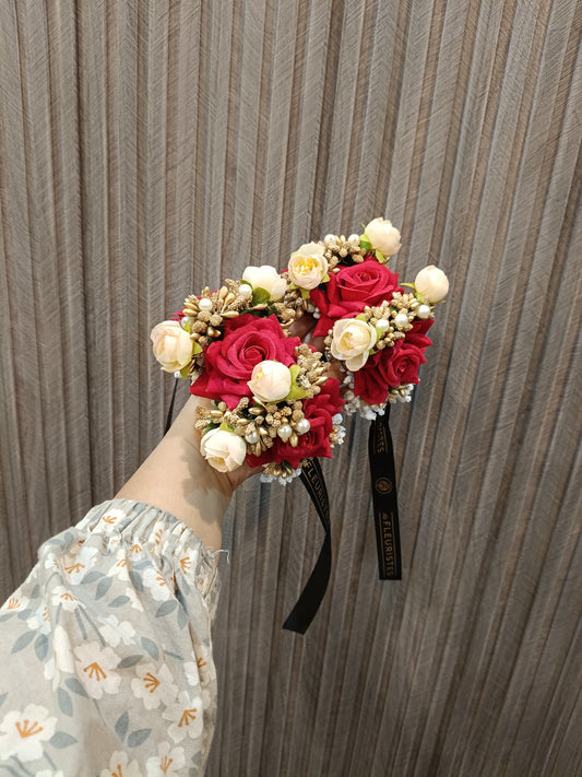Elegant Red & Cream Floral Wrist Corsage Set (Gajray)