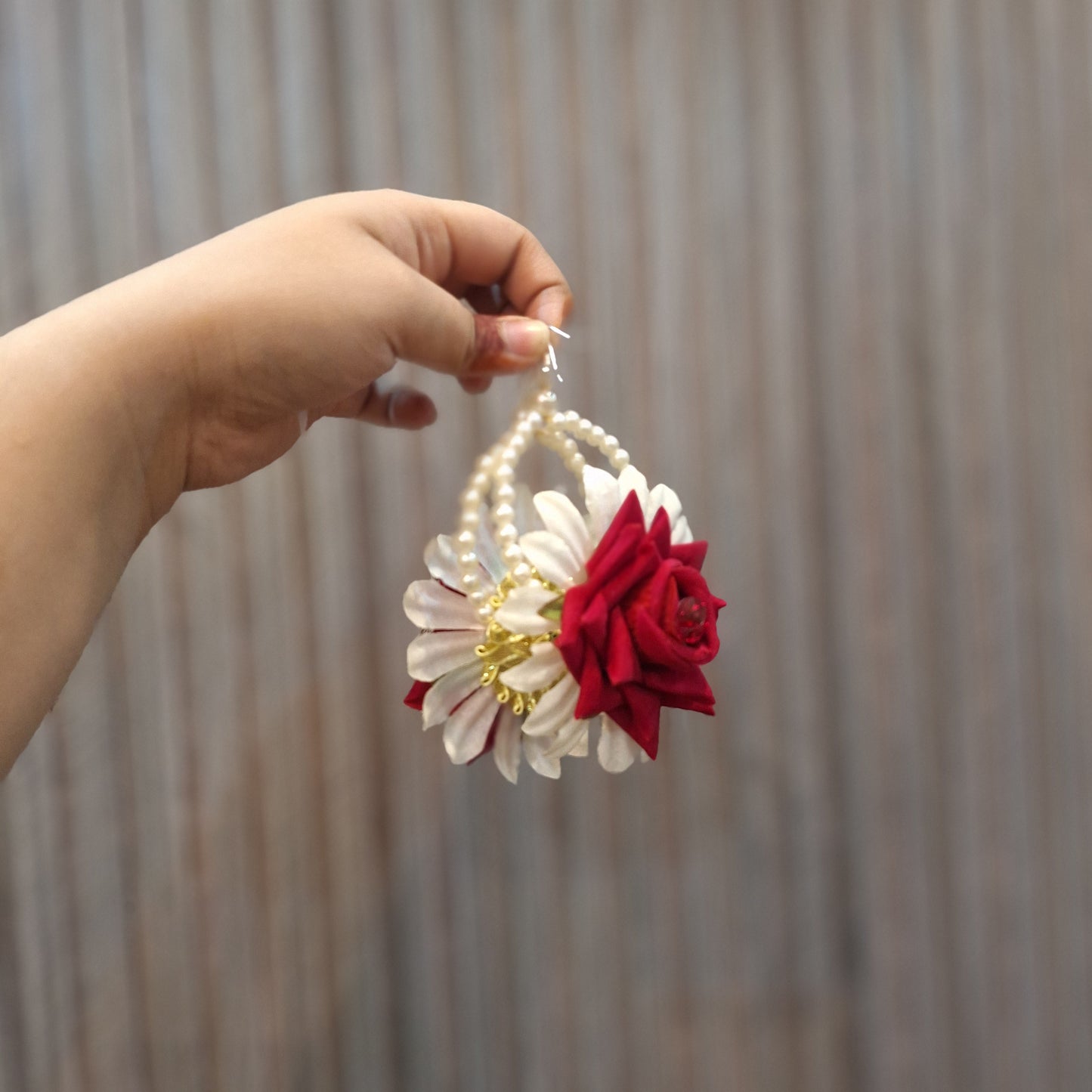 Red Rose & White Jasmine Floral Bracelet with Matching Earrings (Gajra Set)