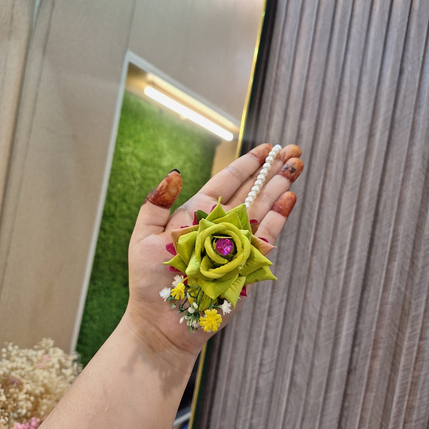 Handcrafted Magenta & Lime Green Floral Jewellery Set with Pearl Accents