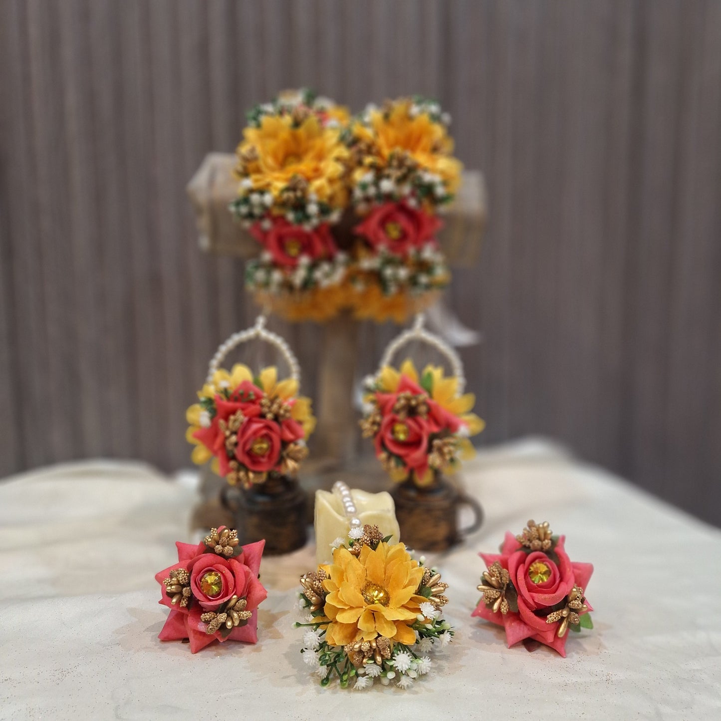 Handcrafted Yellow and Peach Floral Jewelry Set with Pearl Accents