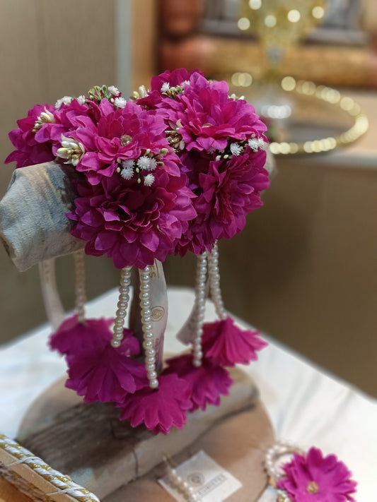 Elegant Magenta Floral Gajray with Pearl Tassels