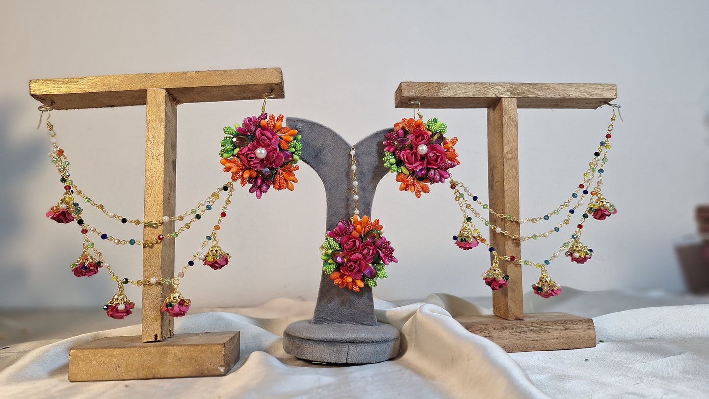 Multicolor Floral Jewelry Set with Jhumka Saharas and Maang Tikka