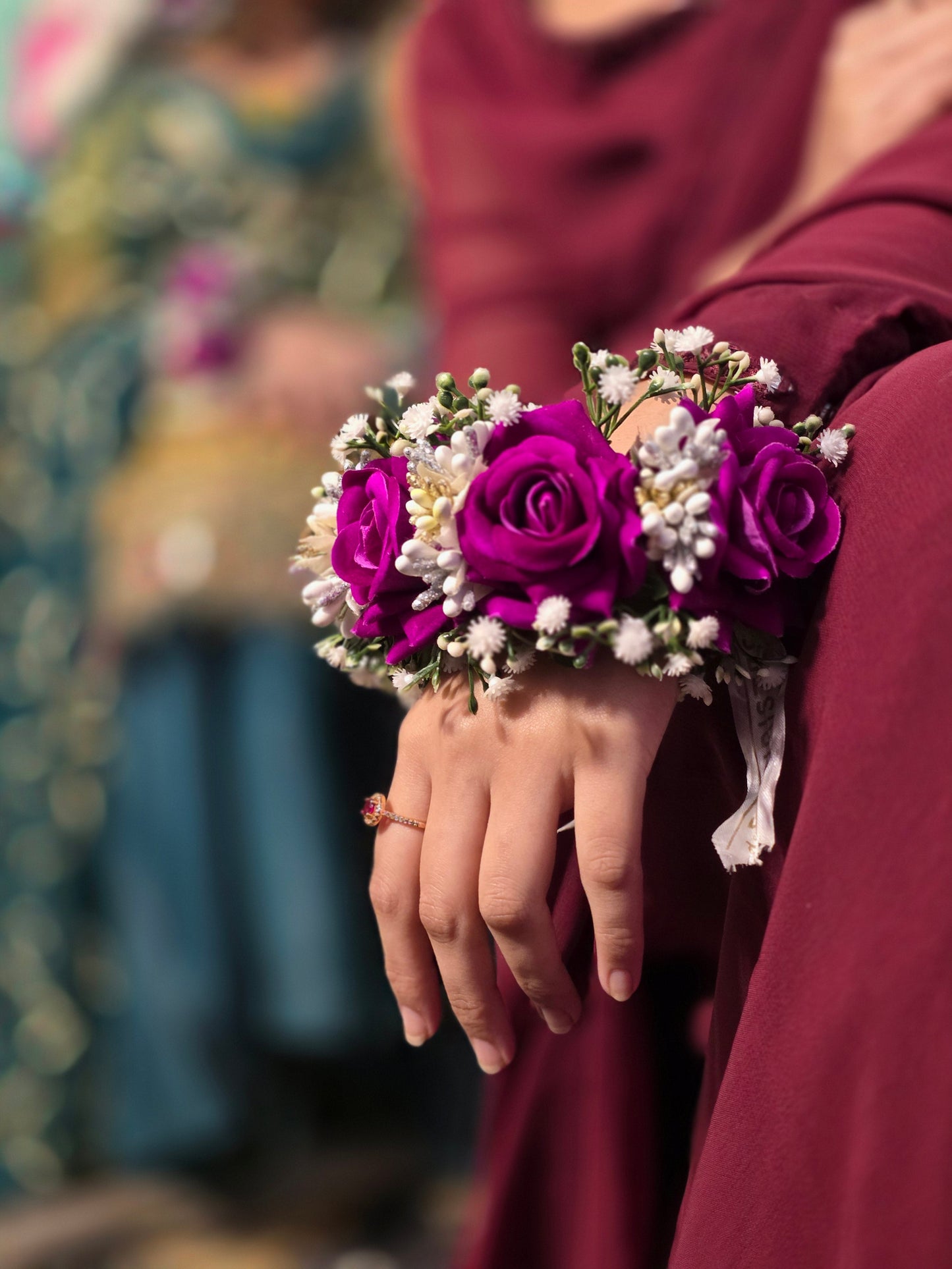 Magenta Rose & White Gypsophila Floral Gajray (Pair)