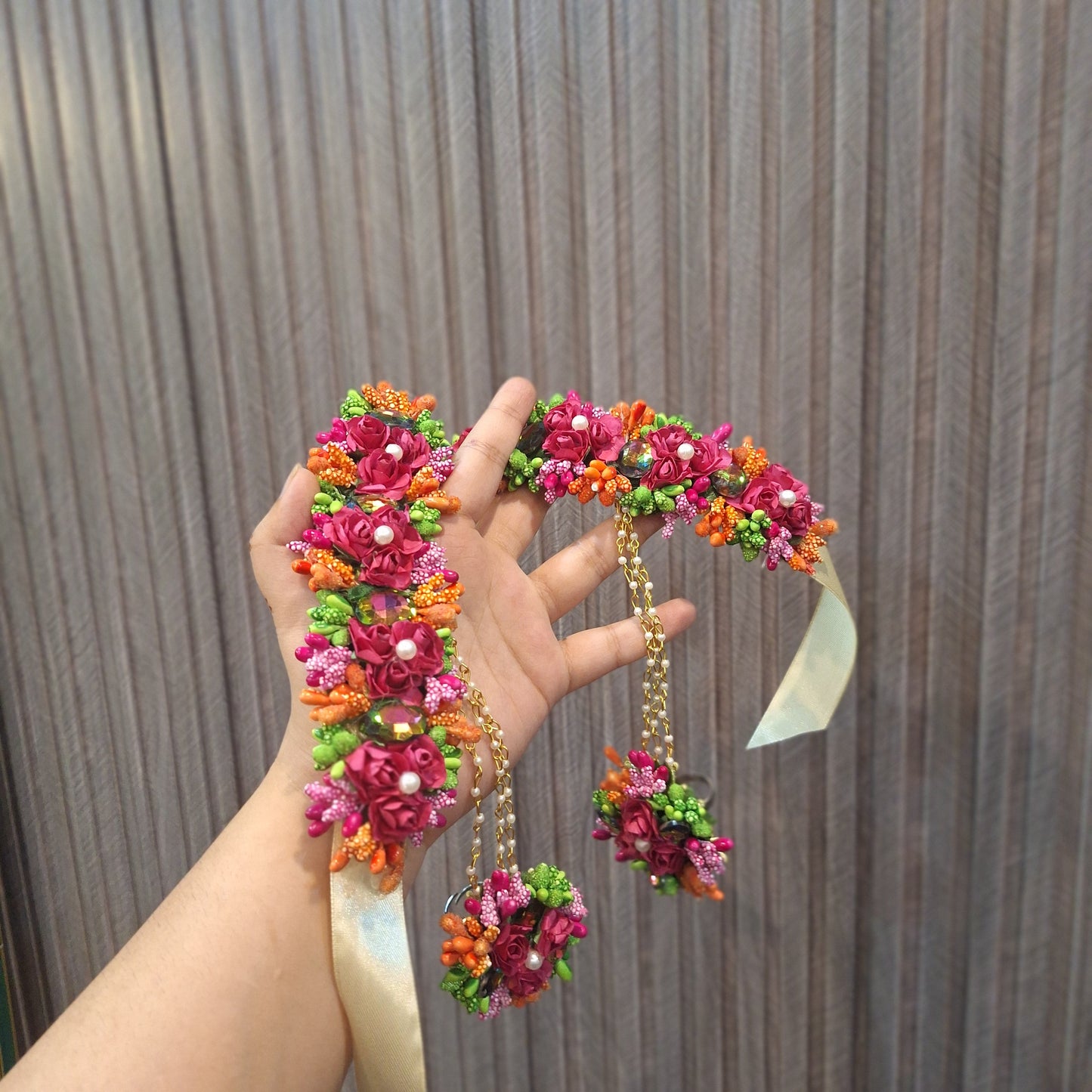 Vibrant Pink and Orange Floral Gajara with Ribbon Tie