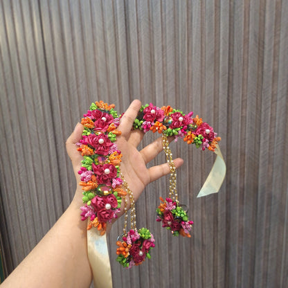 Vibrant Pink and Orange Floral Gajara with Ribbon Tie