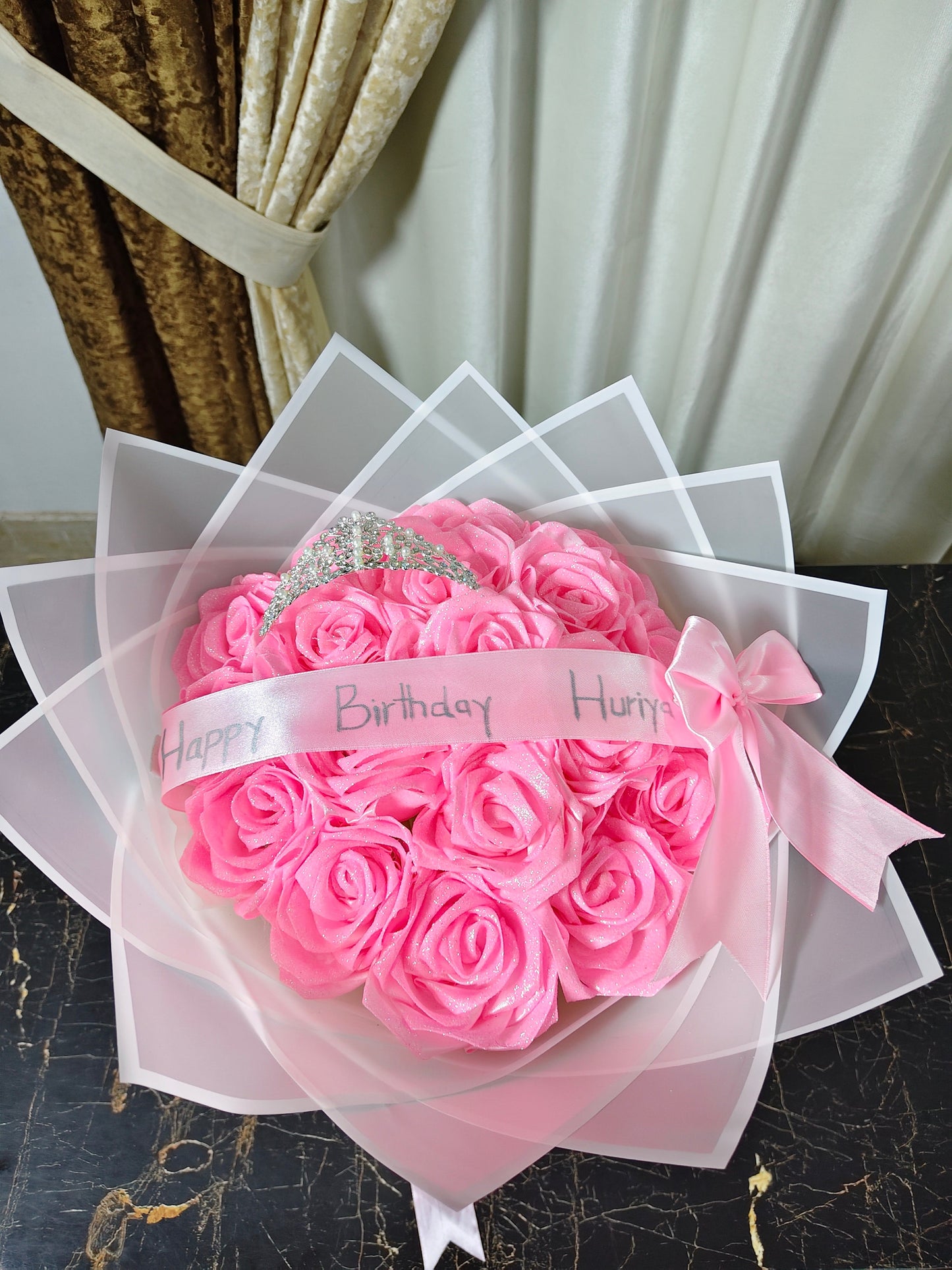Sparkling Pink Rose Bouquet with Tiara – Happy Birthday Huriya