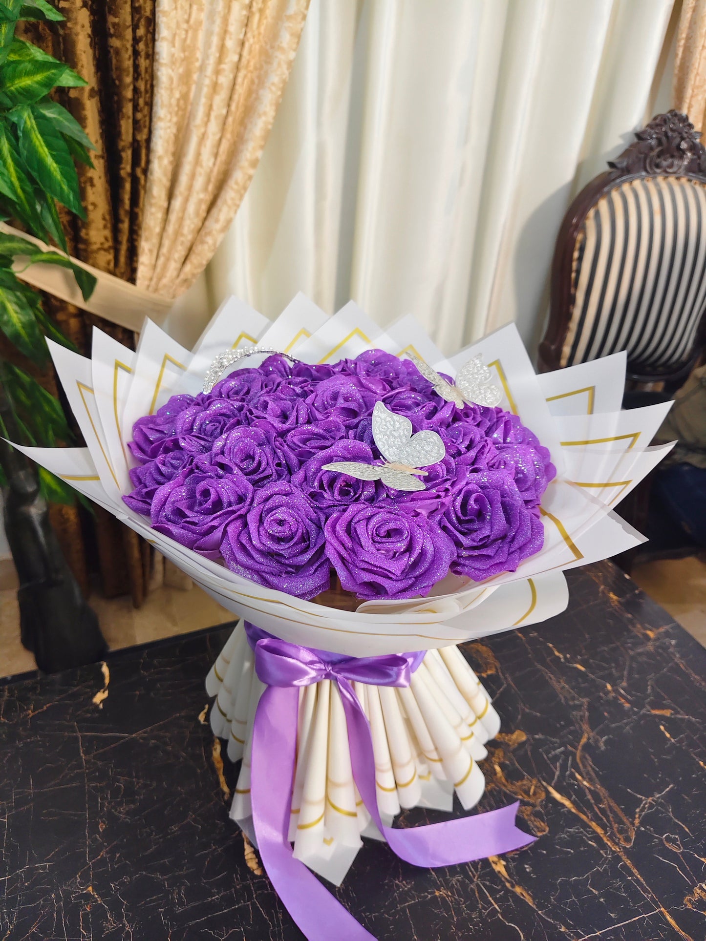 Glittery Purple Rose Bouquet with Silver Butterfly Accents