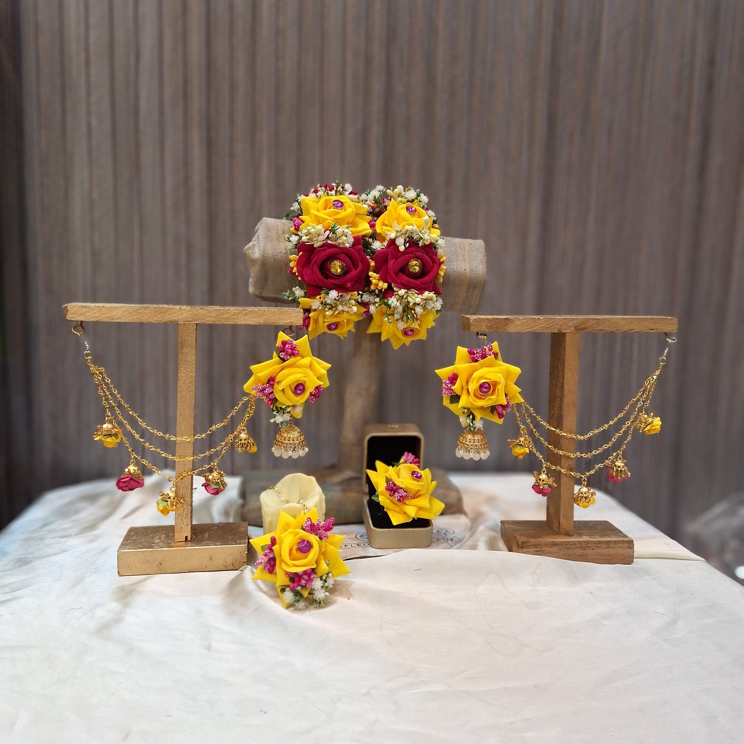 Handcrafted Yellow & Maroon Floral Jewellery Set with Jhumka Earrings