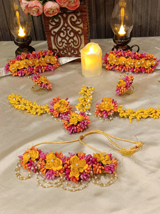 Handcrafted Yellow and Pink Floral Jewelry Set with Pearl Accents