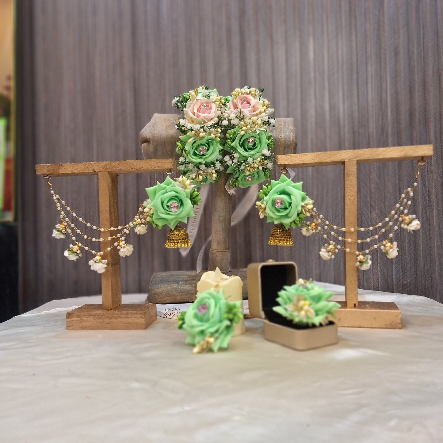 Mint Green & Blush Pink Floral Jewelry Set with Pearl Saharay