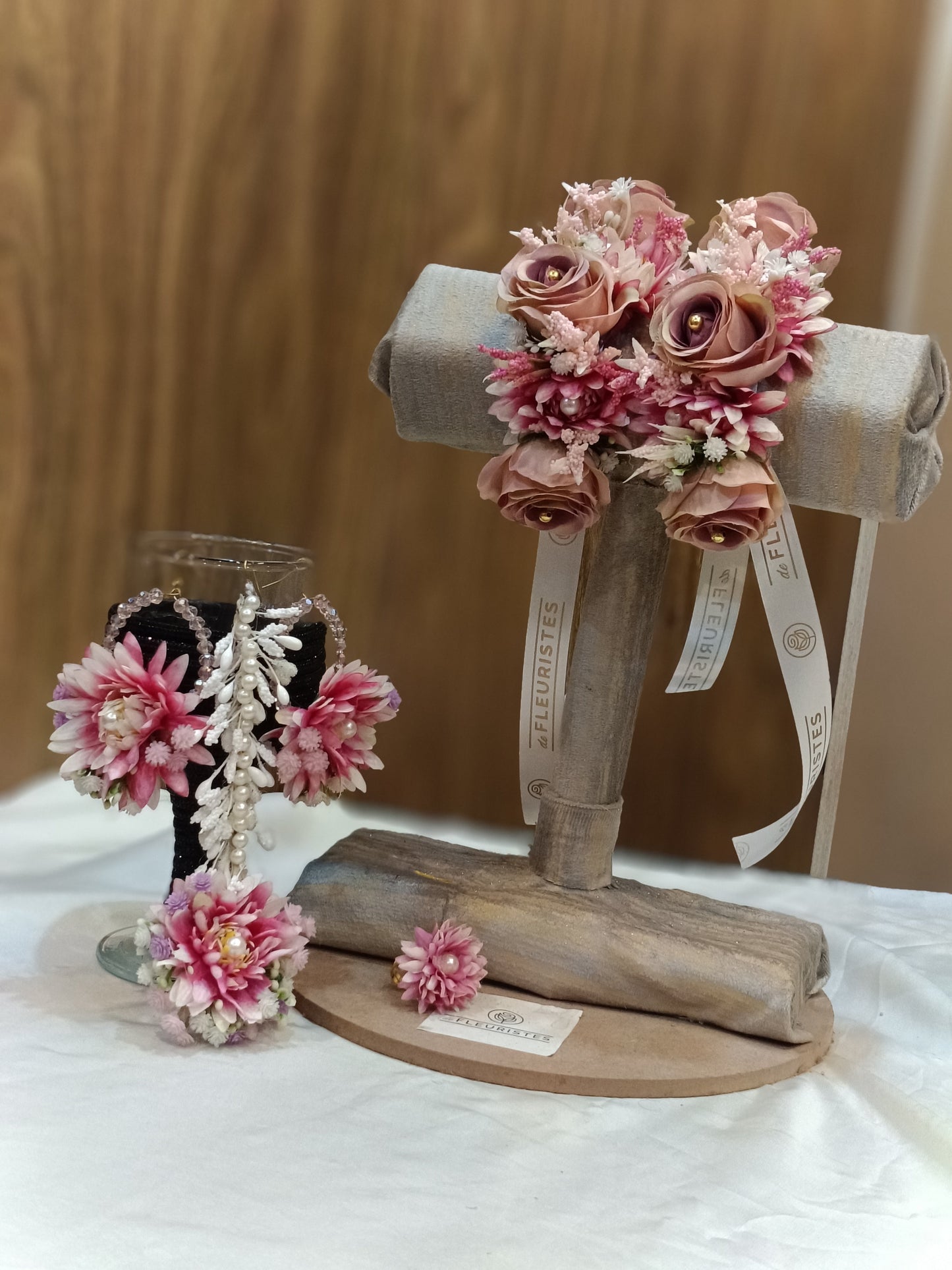Blushing Pink Floral Jewelry Set with Pearls & Ribbons