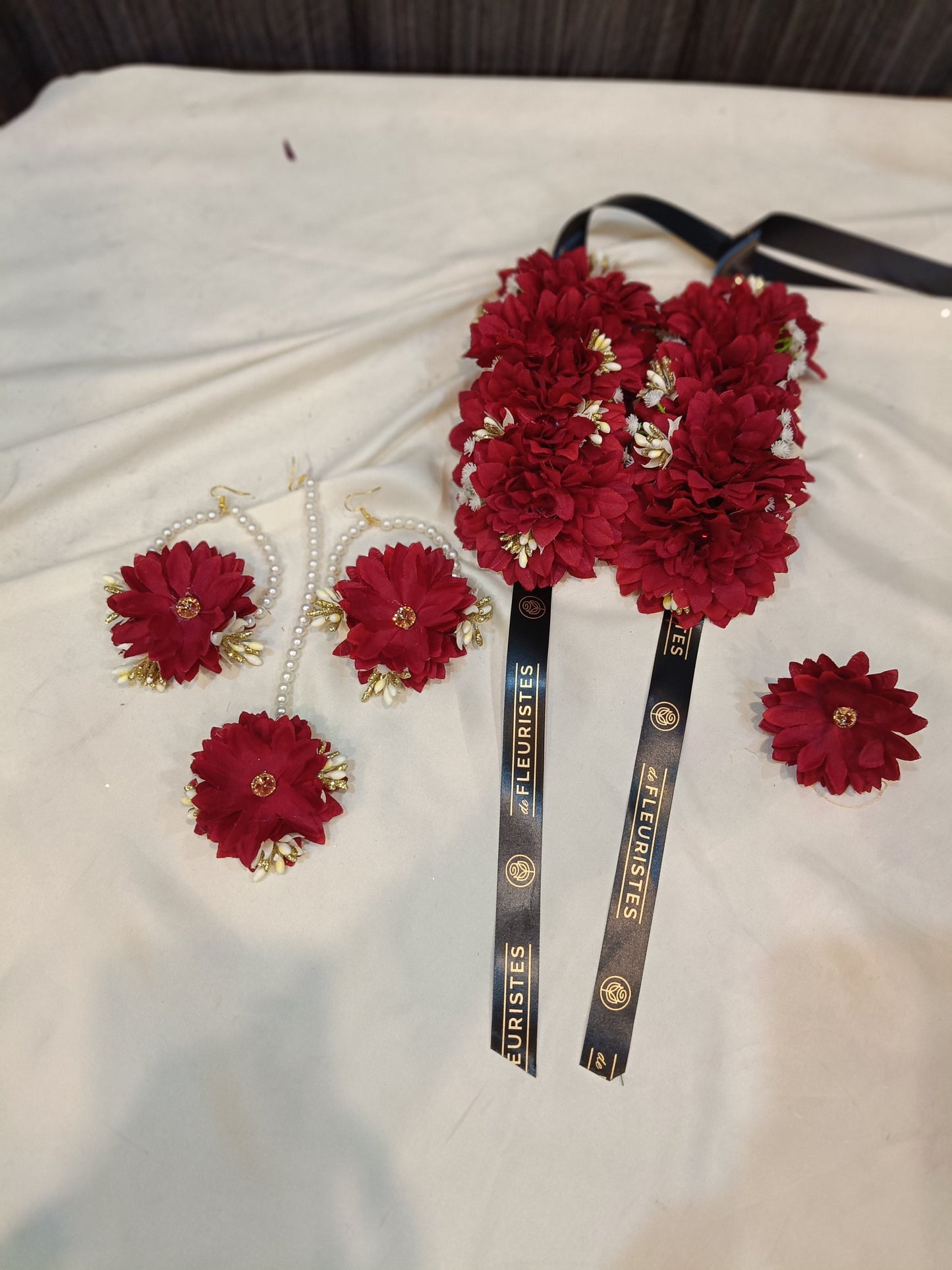 Deep Maroon Floral Jewelry Set with Pearl Accents