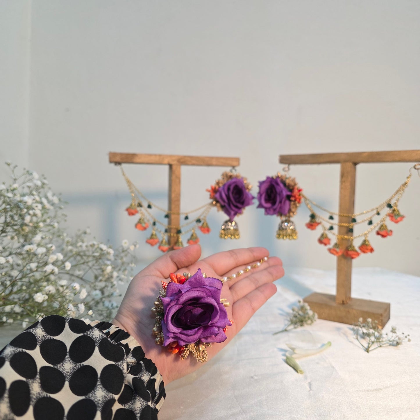 Purple Rose Mehndi Jewelry Set with Pearl String Teeka