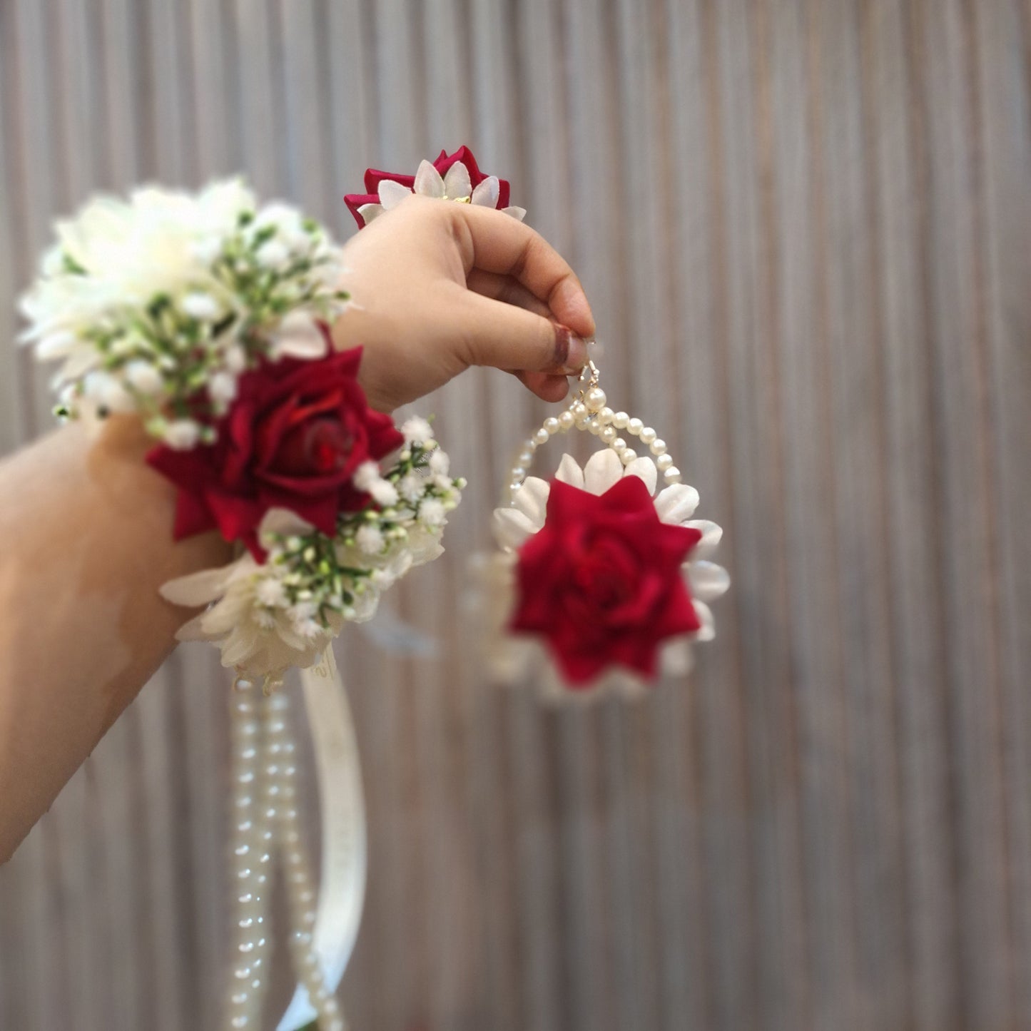 Red Rose & White Jasmine Floral Bracelet with Matching Earrings (Gajra Set)