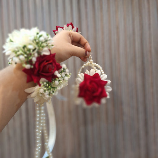 Red Rose & White Jasmine Floral Bracelet with Matching Earrings (Gajra Set)