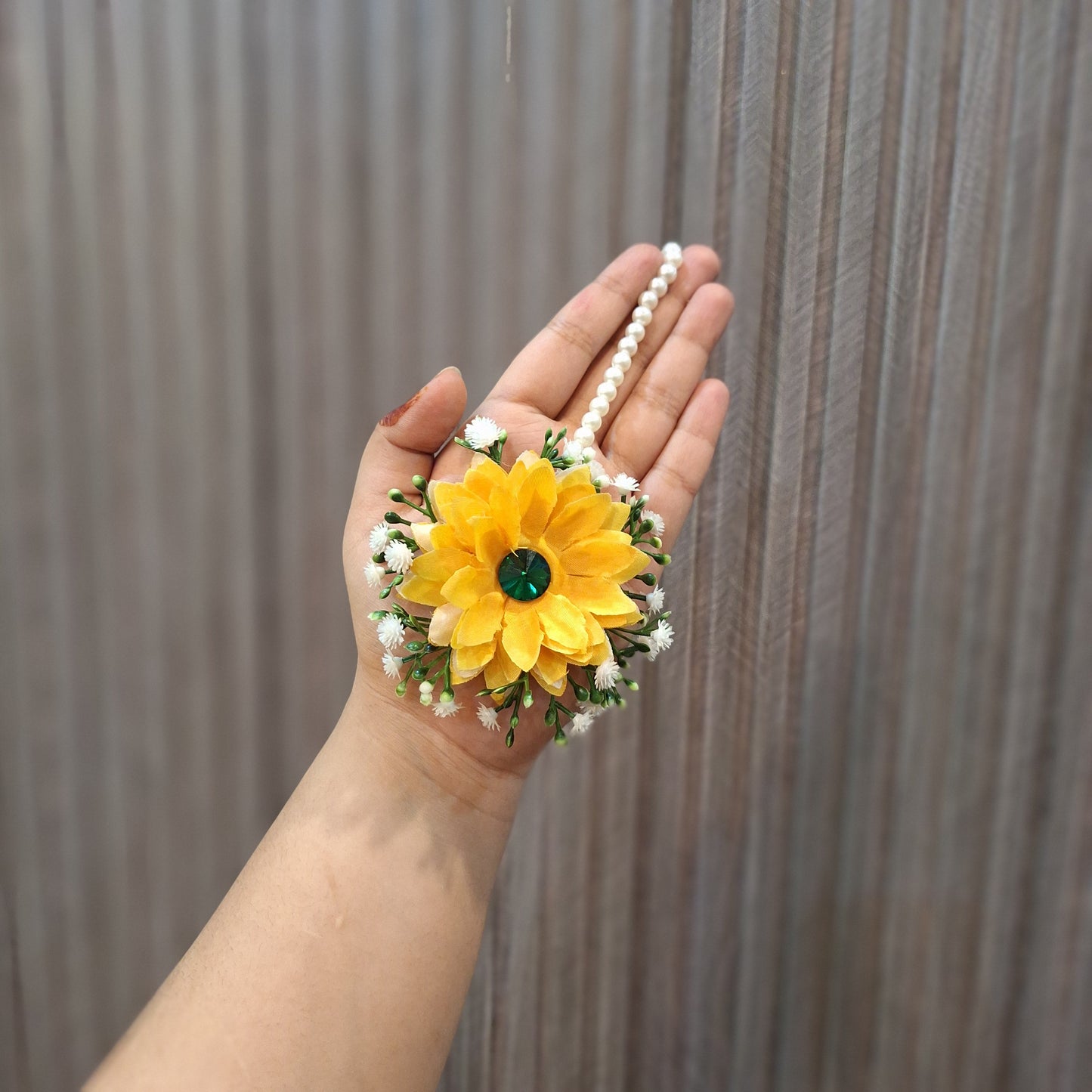 Vibrant Yellow Floral Gajra with Emerald Center