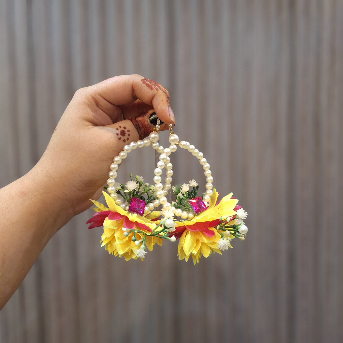 Handcrafted Yellow & Magenta Floral Jewelry Set with Pearl Accents