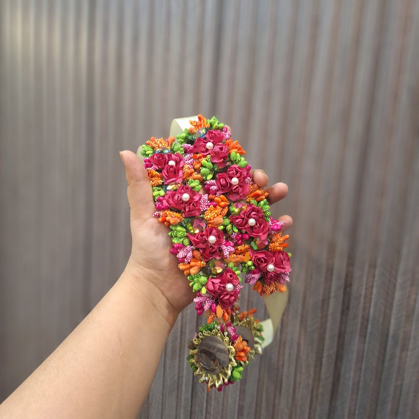 Vibrant Pink and Orange Floral Gajara with Ribbon Tie