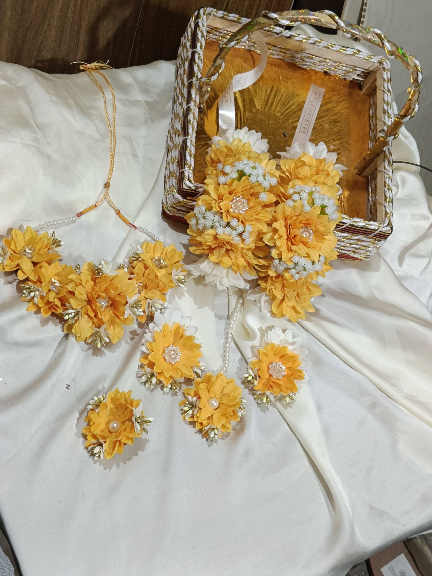 Elegant Yellow Floral Jewelry Set with Pearl Accents