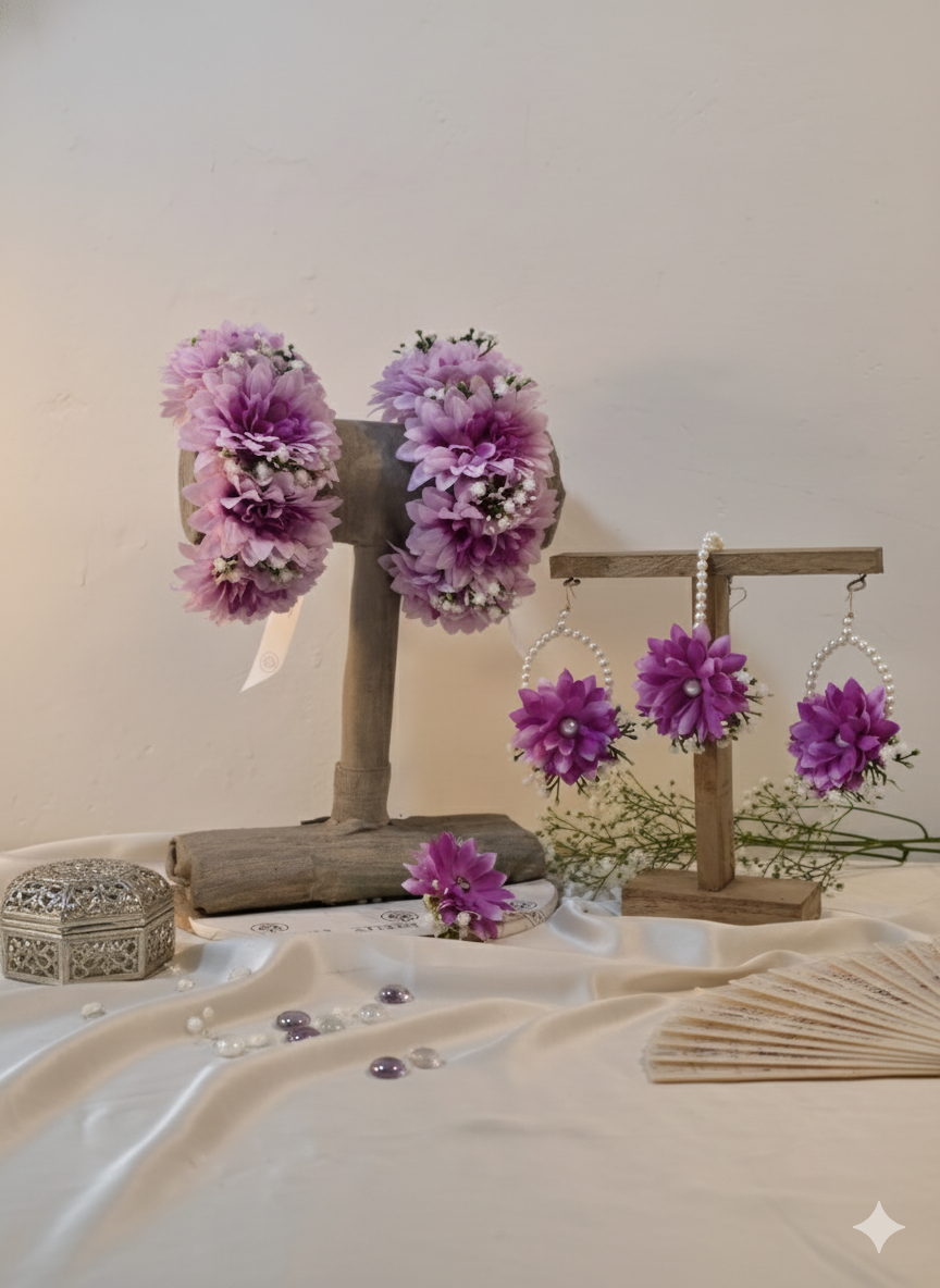 Purple Floral Jewelry Set with Bangles, Earrings, and Maang Tikka
