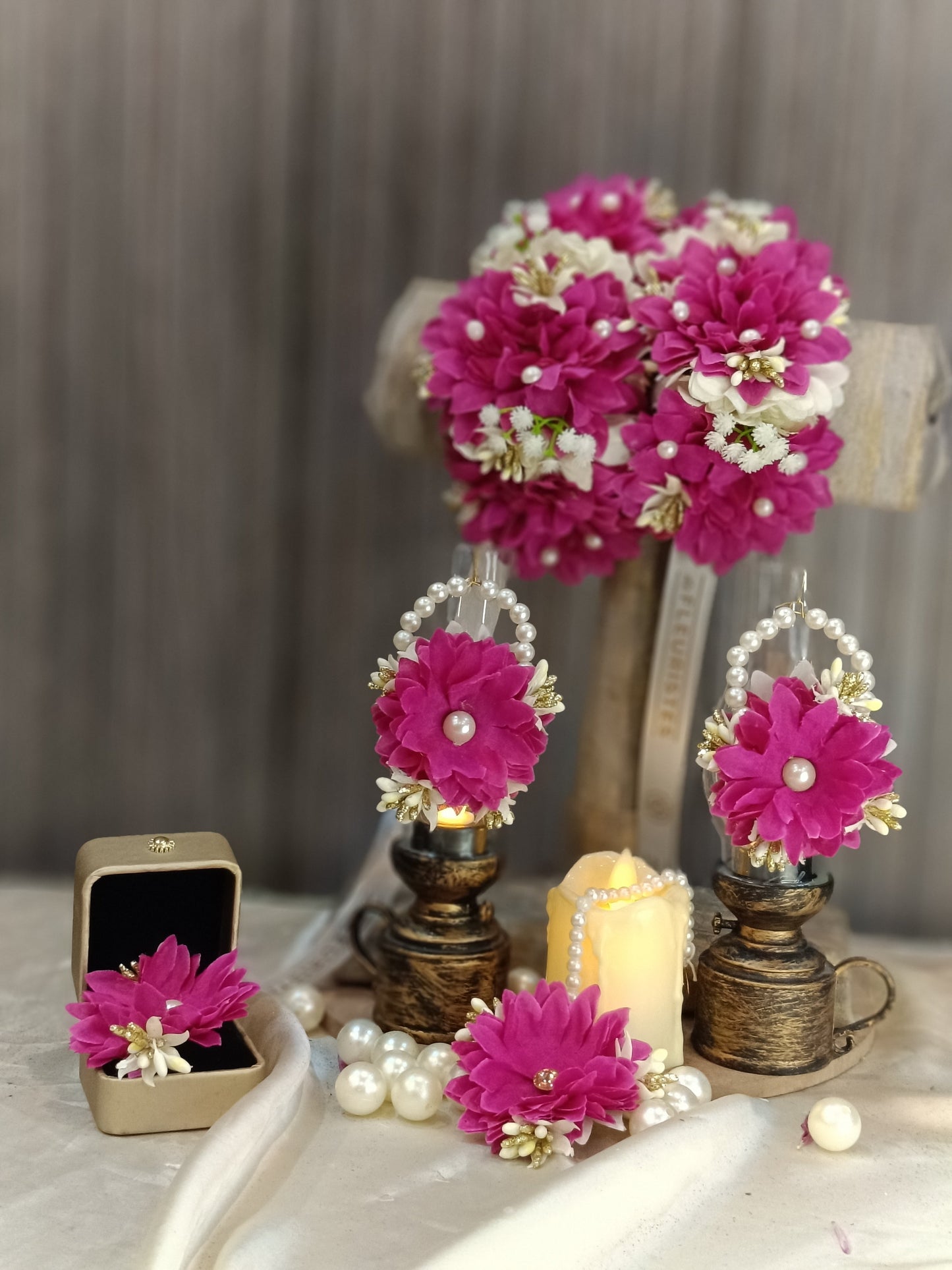 Magenta & Pearl Floral Jewelry Set for Mehndi & Mayun