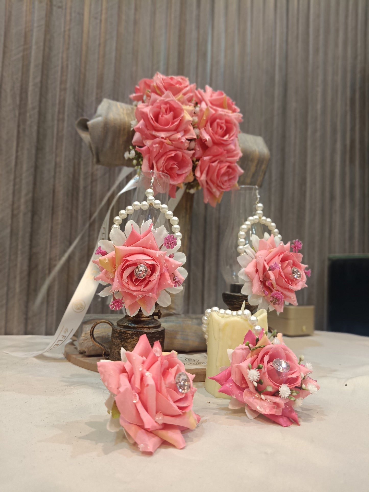 Elegant Pink Rose Floral Jewellery Set with Pearls & Crystals