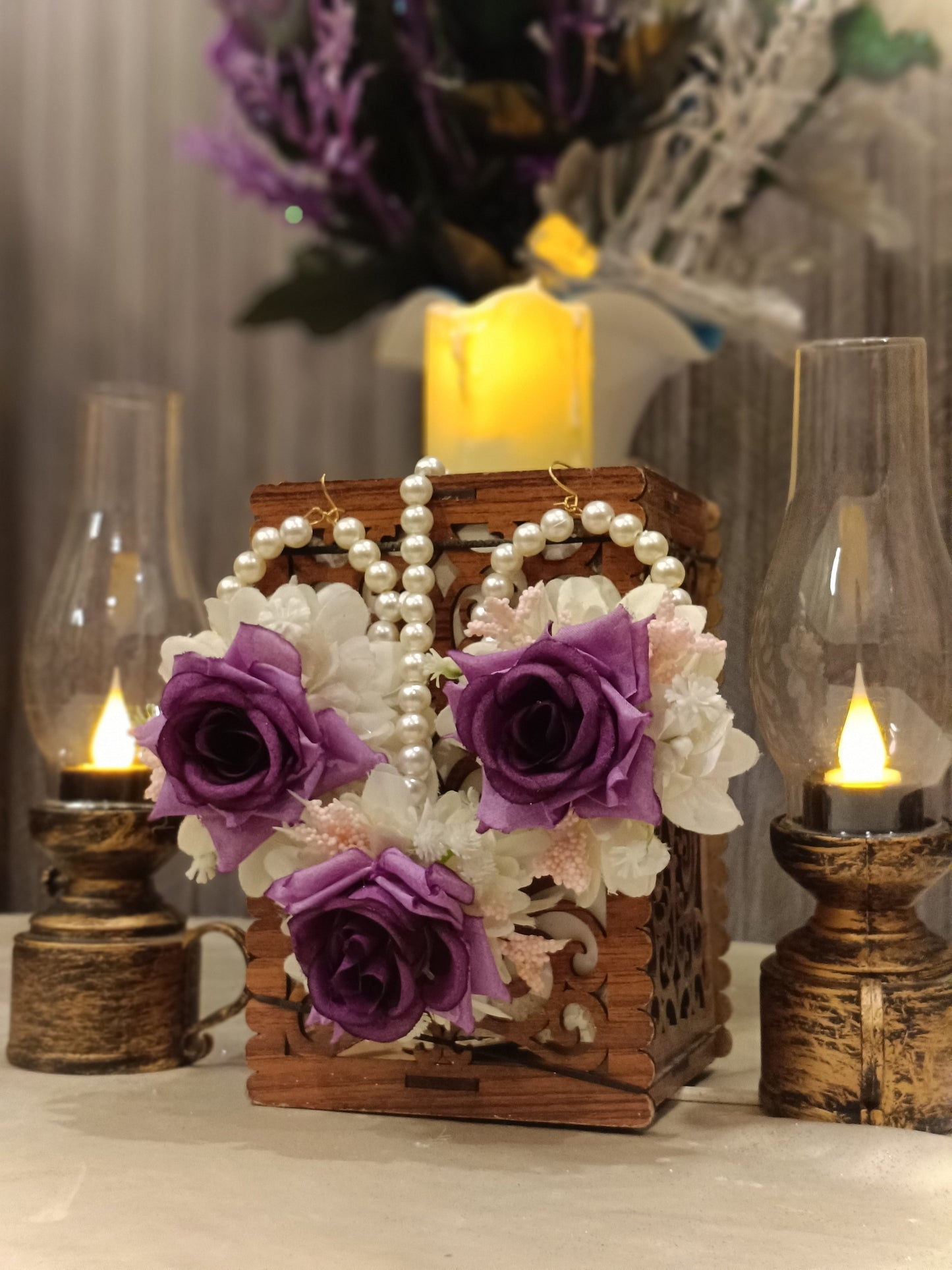 Royal Purple Rose & Pearl Wooden Keepsake Box