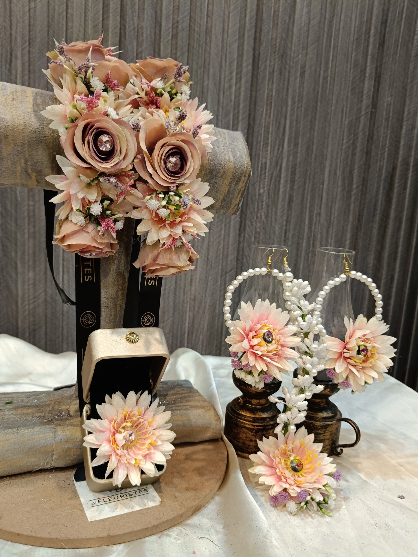 Elegant Nude & Peach Floral Jewelry Set with Pearl Accents