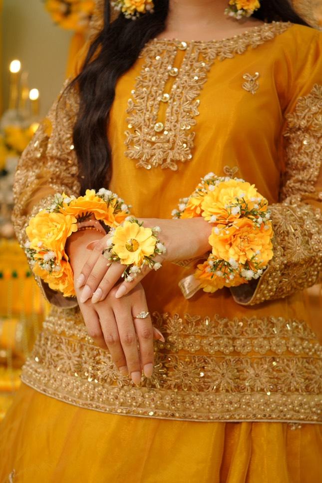 Handcrafted Yellow Floral Jewelry Set with Pearl Accents