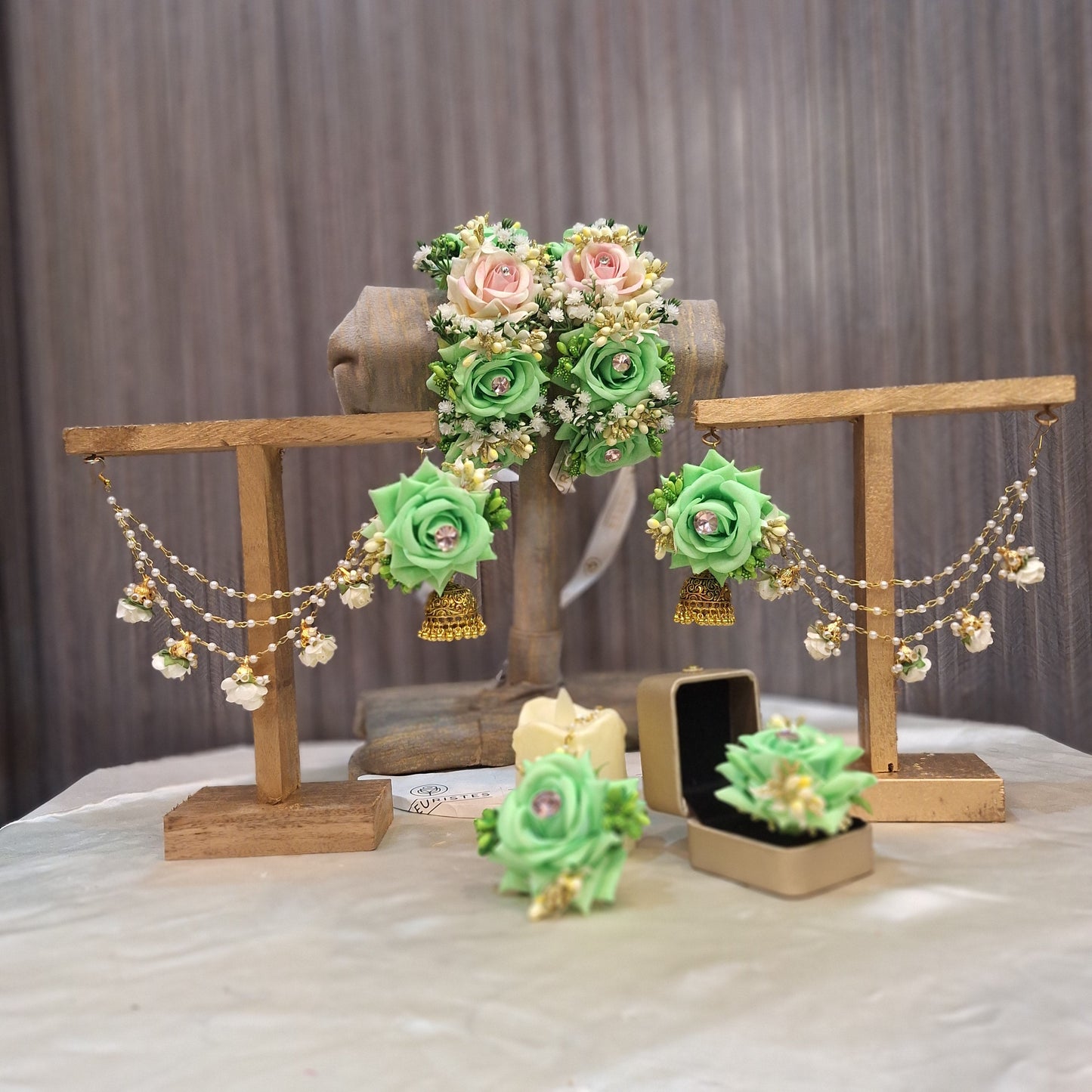 Mint Green & Blush Pink Floral Jewelry Set with Pearl Saharay