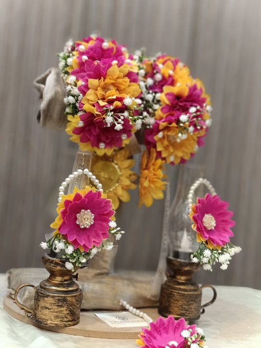 Handmade Pink and Yellow Floral Jewelry Set with Pearls