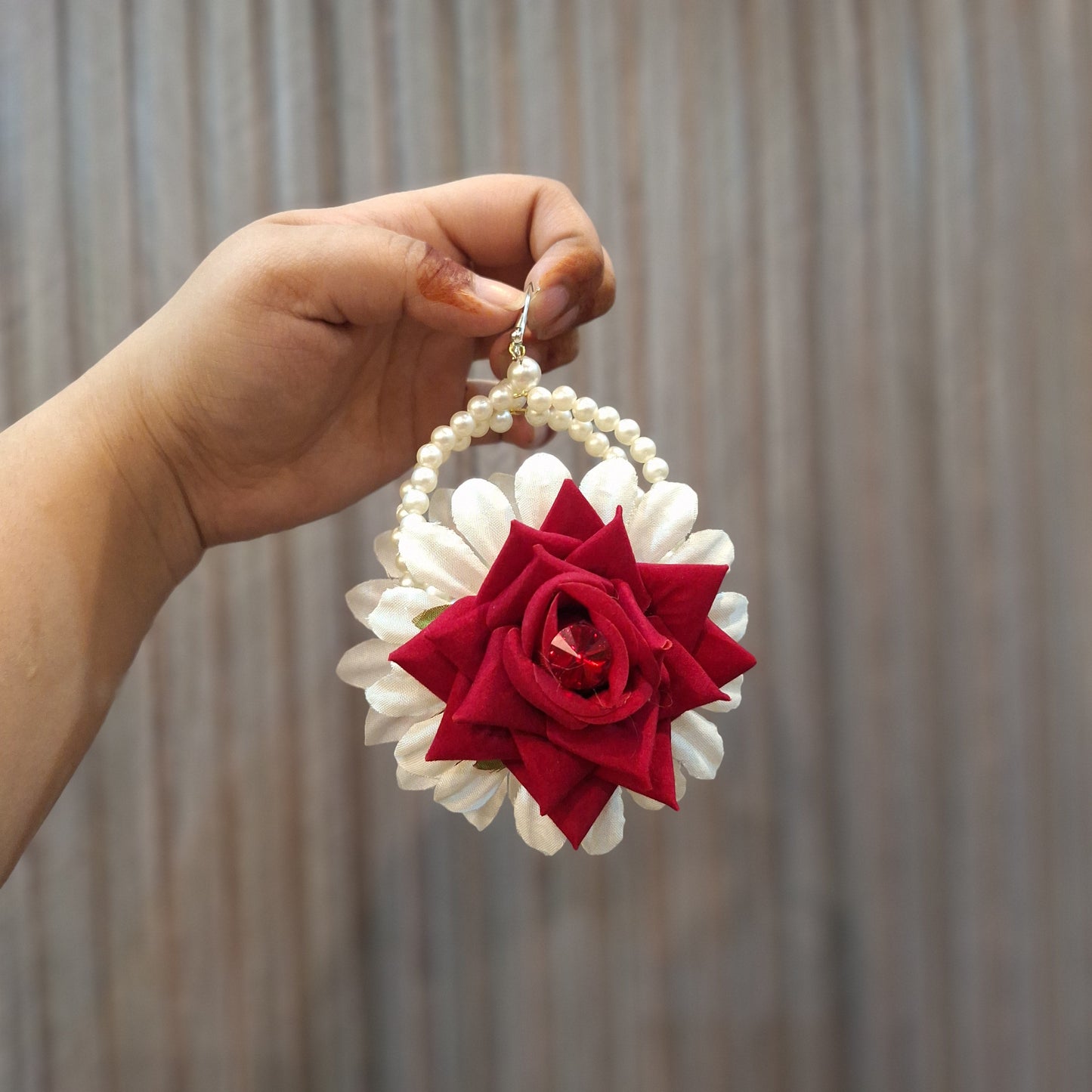 Red Rose & White Jasmine Floral Bracelet with Matching Earrings (Gajra Set)