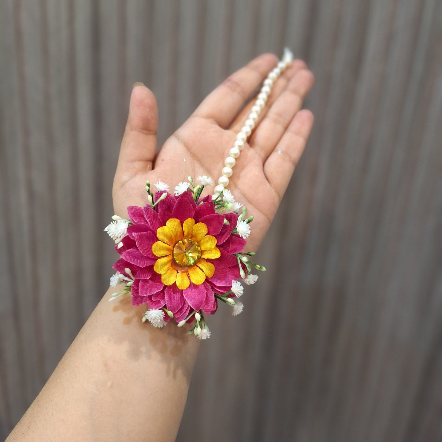 Handmade Pink and Yellow Floral Jewelry Set with Pearl Accents