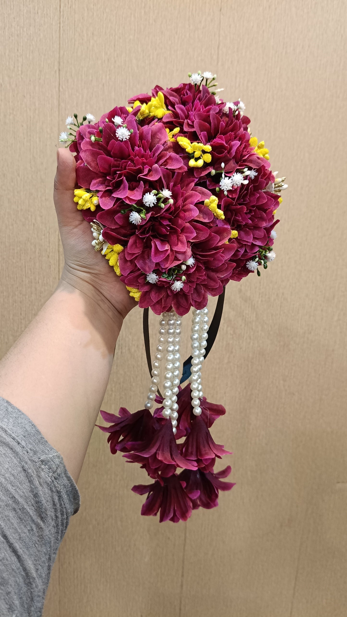 Maroon & Yellow Floral Jewelry Set with Pearl Accents