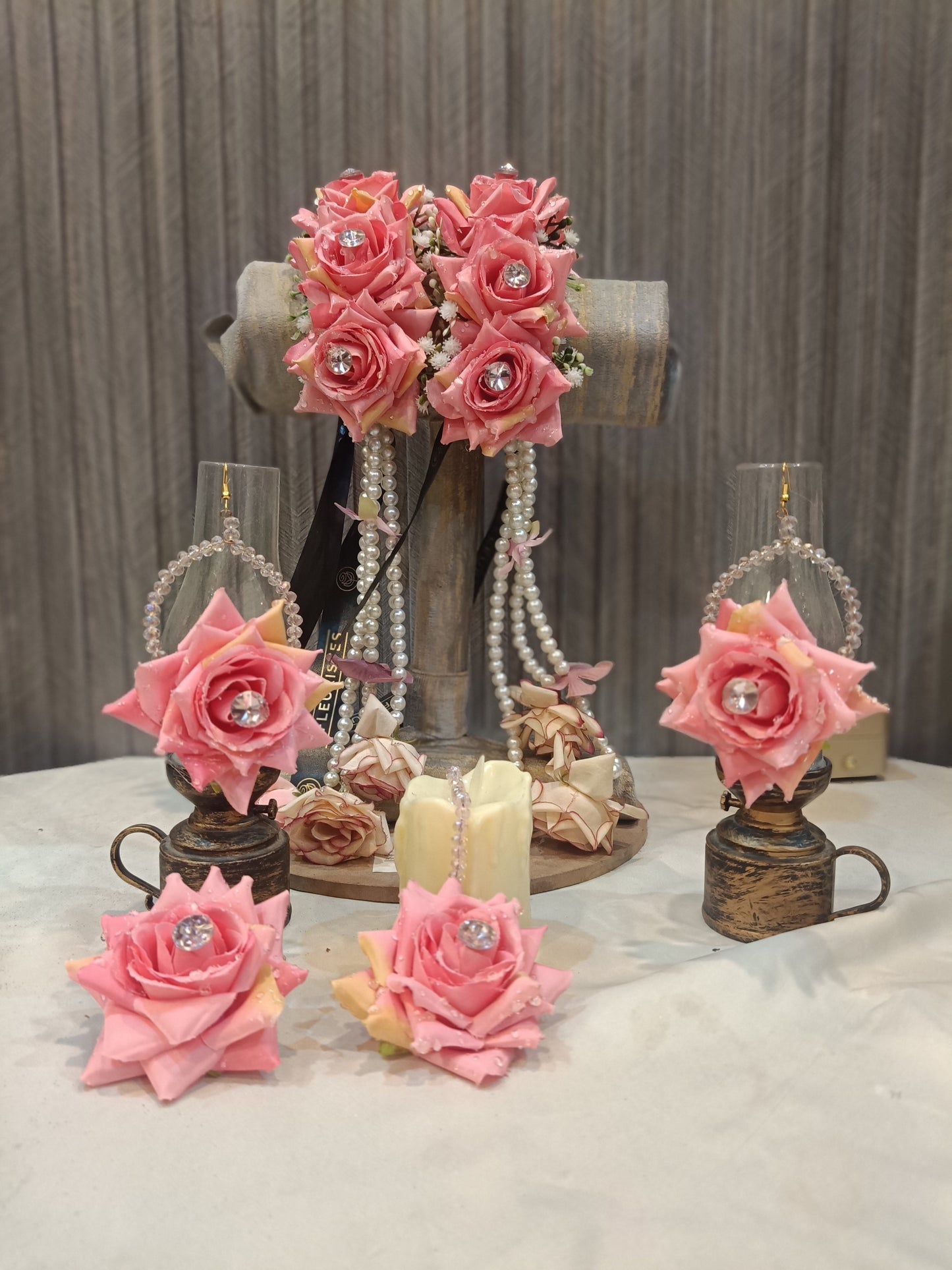 Blushing Pink Rose Floral Jewelry Set with Pearl Accents