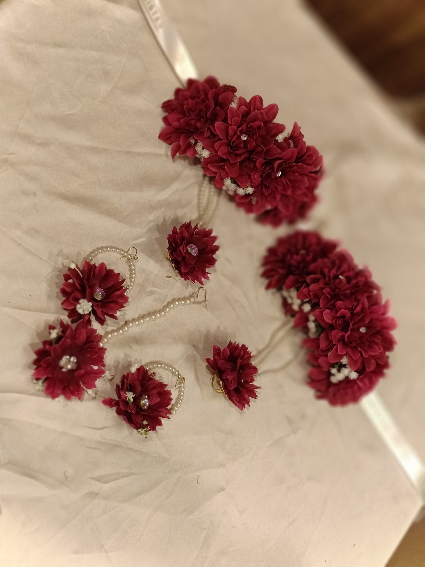 Maroon Floral Bridal Jewellery Set with Pearl Accents
