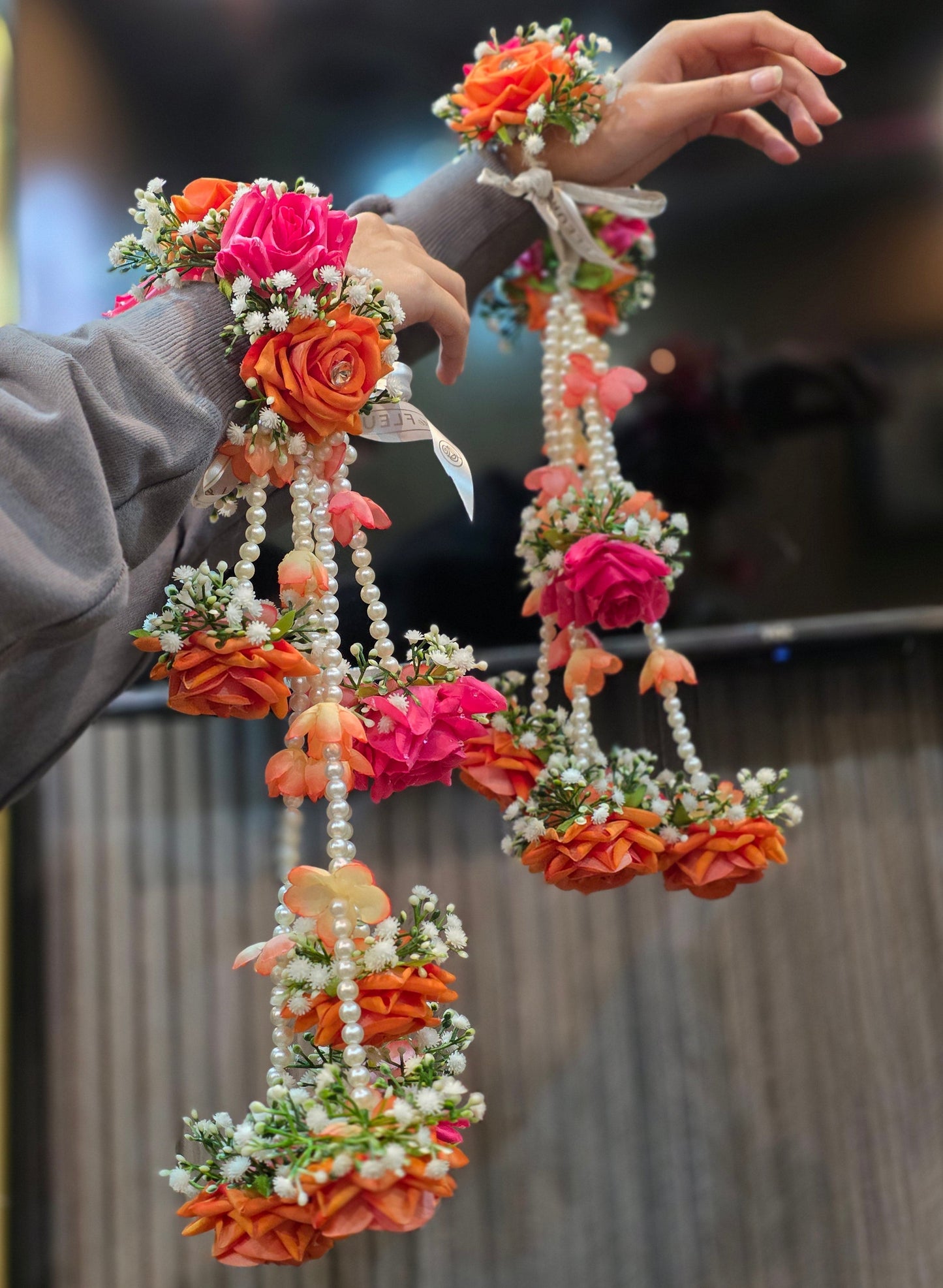 Vibrant Orange & Pink Floral Kaleere with Pearl Strings