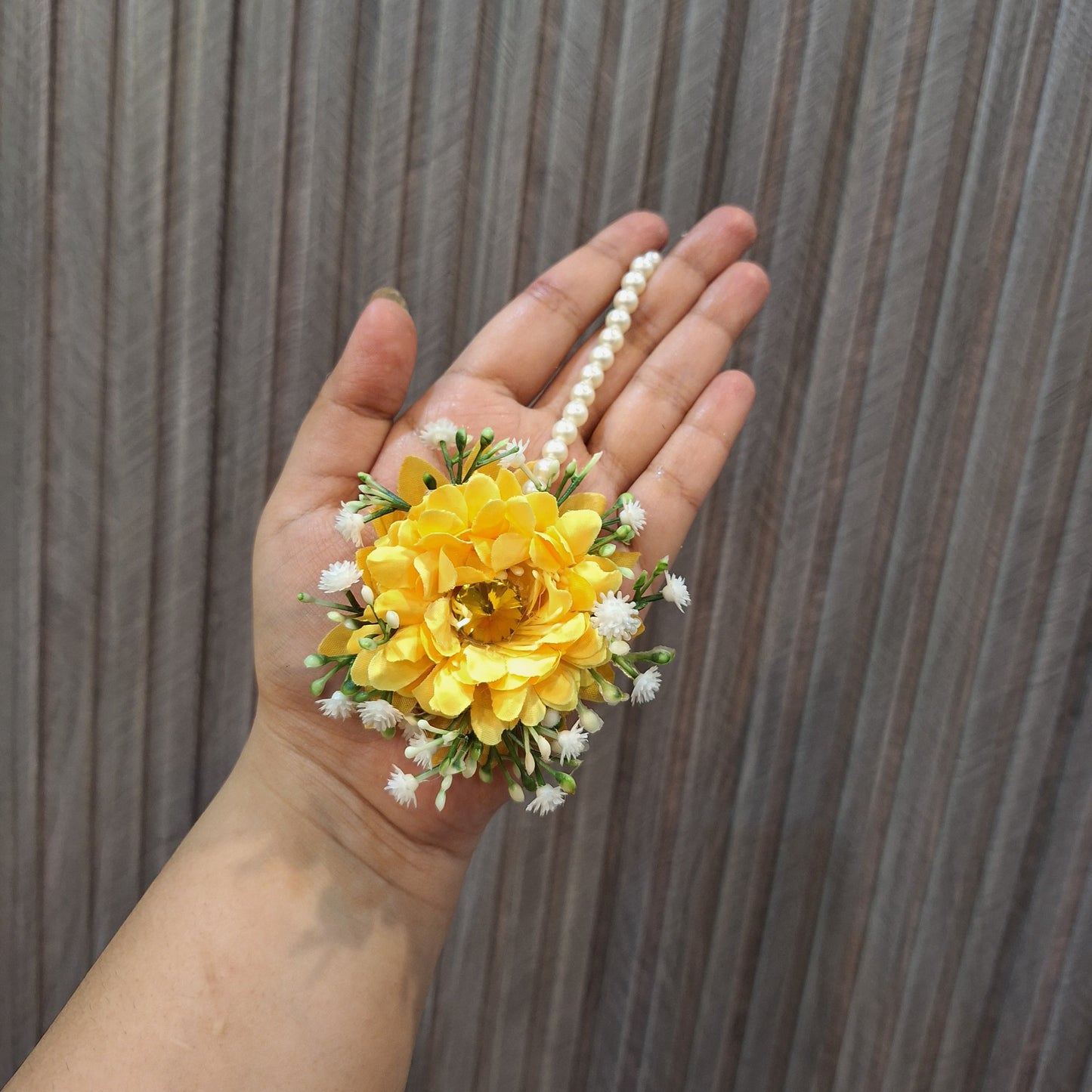 Handmade Yellow Floral Gaira with Pearl Hoop Accents
