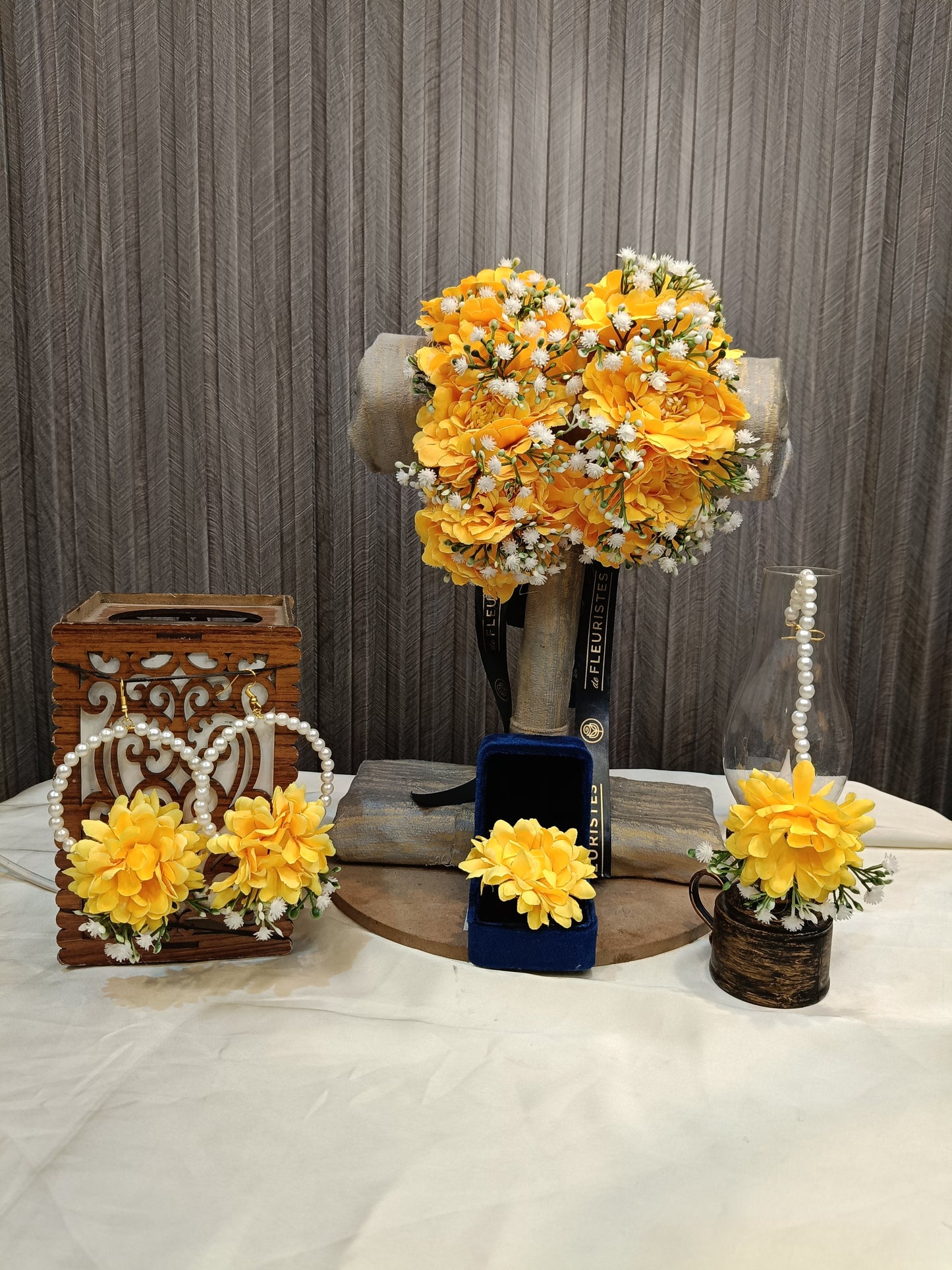 Handcrafted Yellow Floral Jewelry Set with Pearl Accents