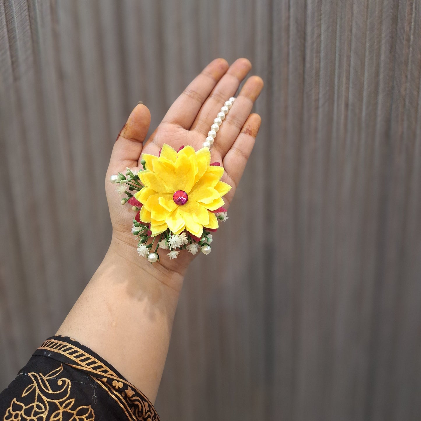 Handcrafted Yellow & Magenta Floral Jewelry Set with Pearl Accents